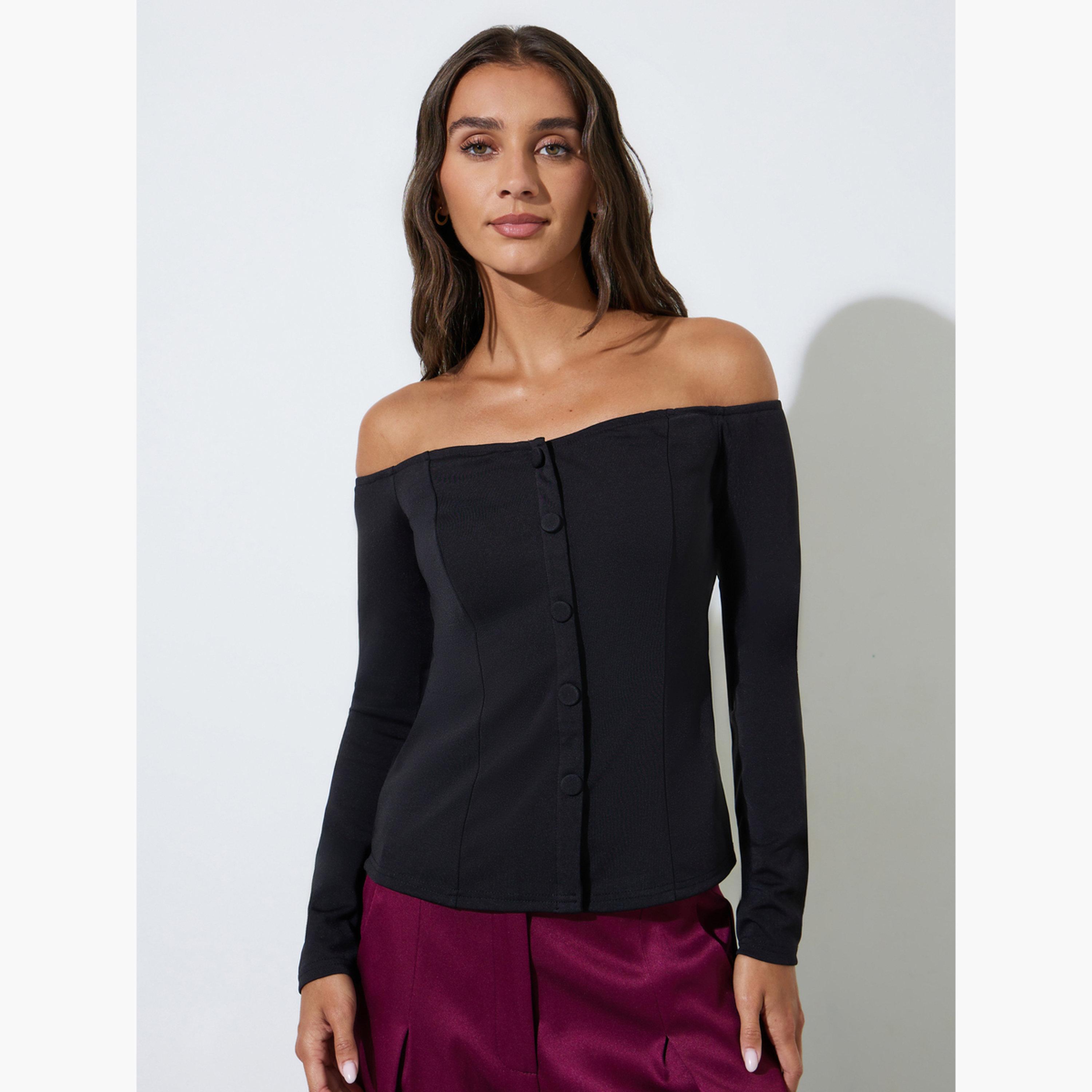 بلوزة محبوكة بأكتاف مكشوفة وأكمام طويلة-women-clothing-shirtsandblouses-blouses-image-1