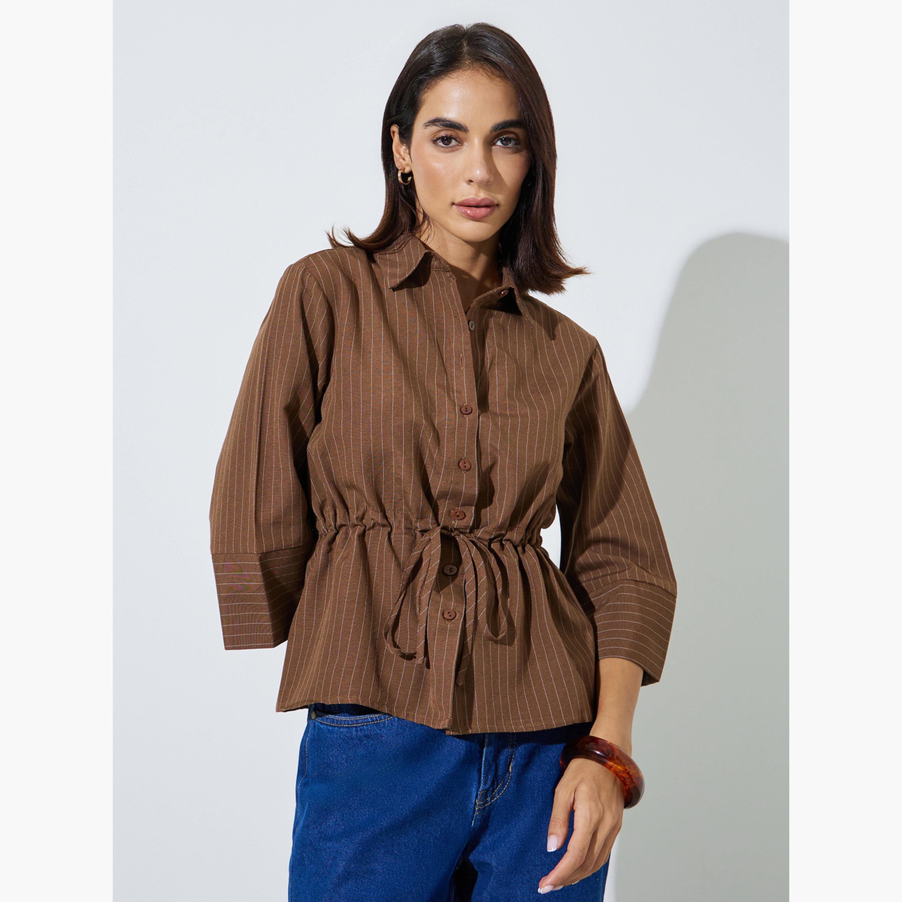 Styli Tan Pinstripe 3/4 Sleeve Shirt with Drawstring Waist-women-clothing-shirtsandblouses-shirts-image-1