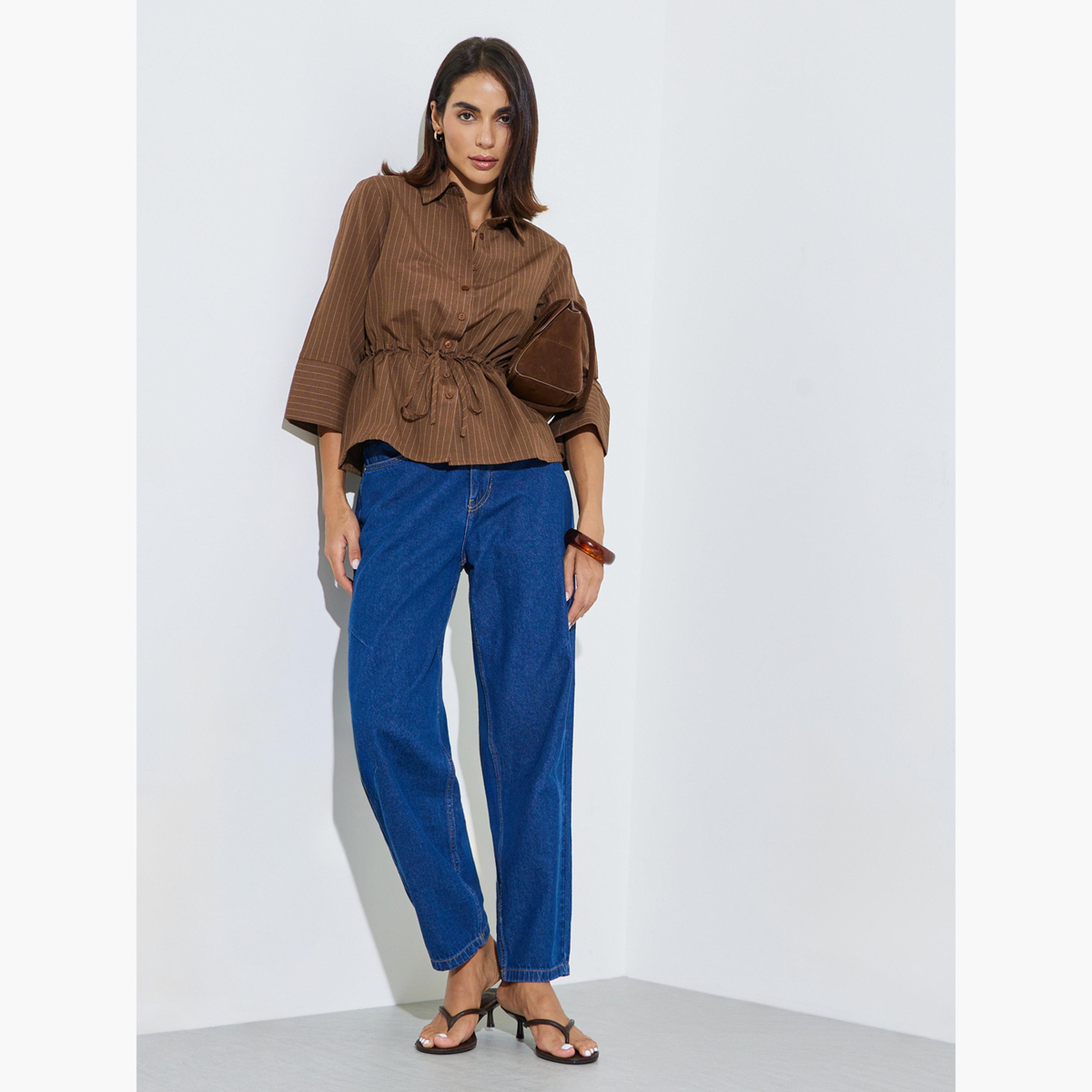 Styli Tan Pinstripe 3/4 Sleeve Shirt with Drawstring Waist-women-clothing-shirtsandblouses-shirts-image-2