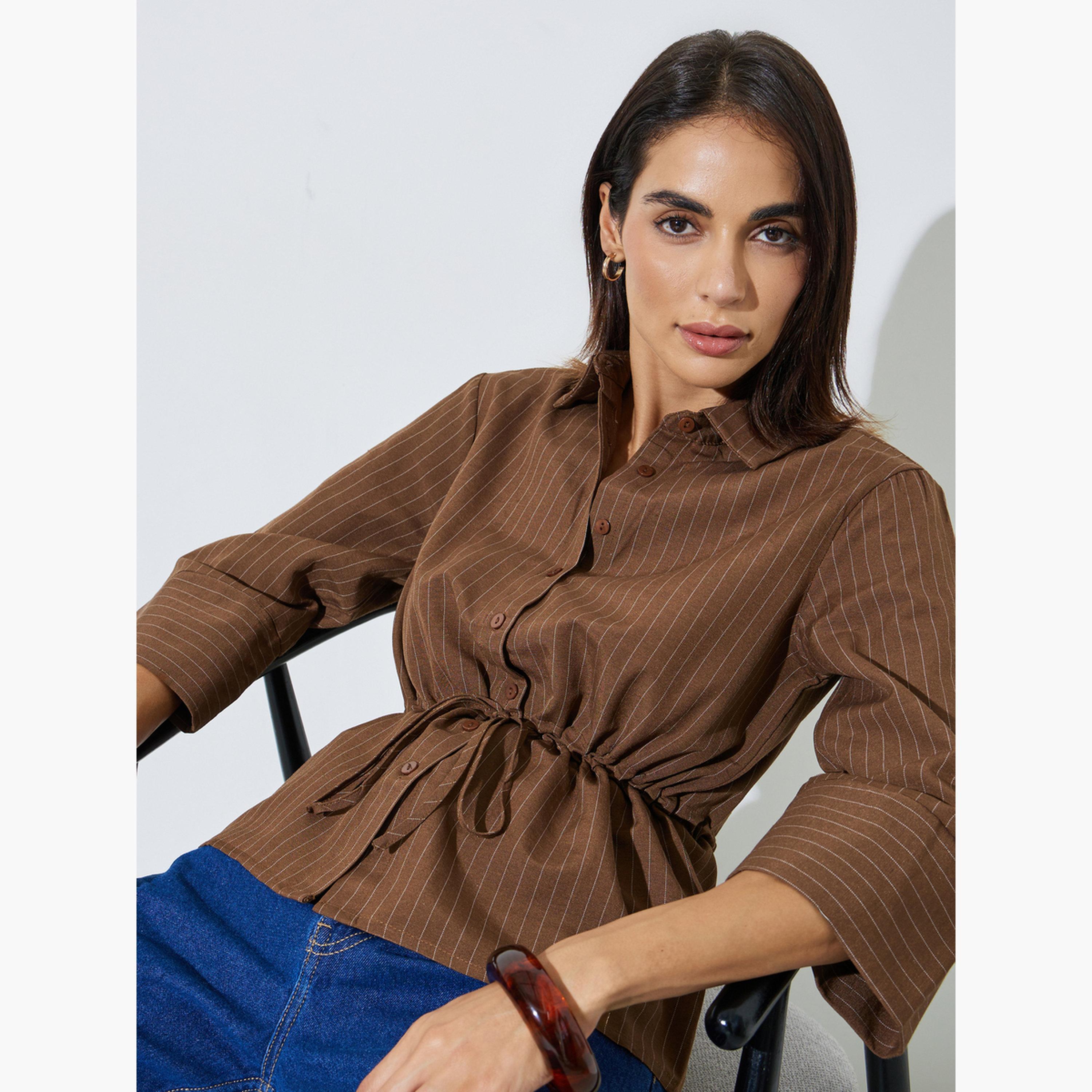 Styli Tan Pinstripe 3/4 Sleeve Shirt with Drawstring Waist-women-clothing-shirtsandblouses-shirts-image-3