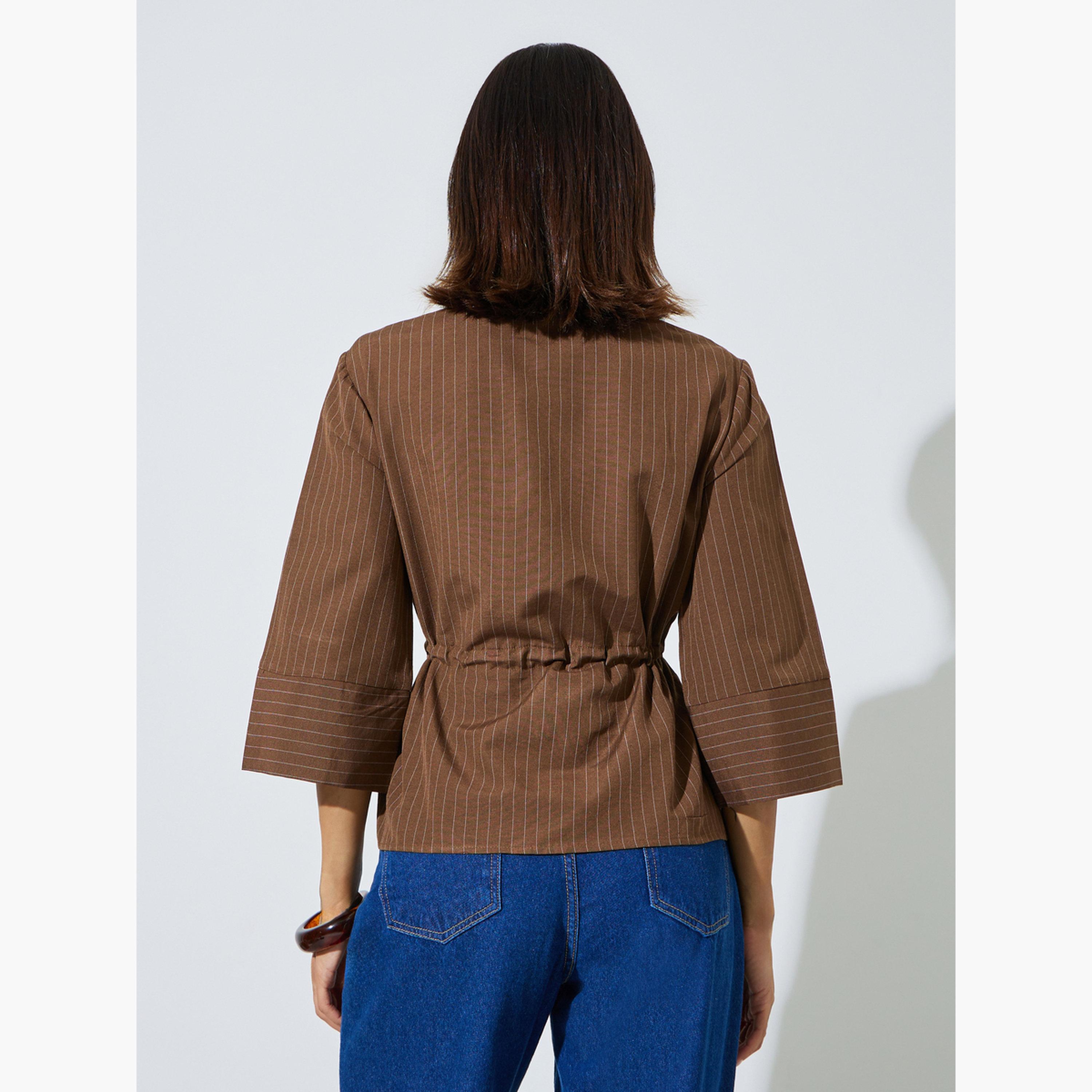 Styli Tan Pinstripe 3/4 Sleeve Shirt with Drawstring Waist-women-clothing-shirtsandblouses-shirts-image-4