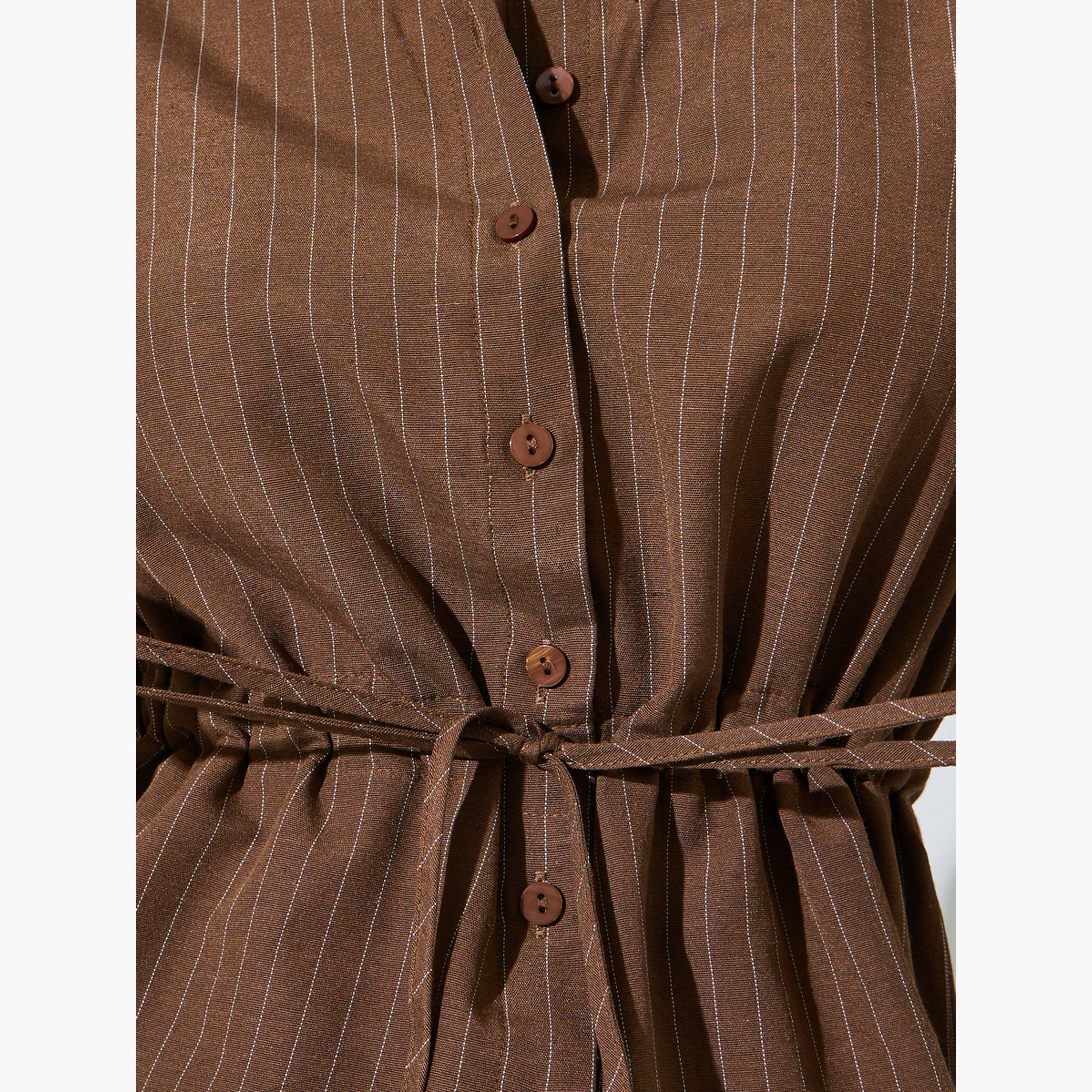Styli Tan Pinstripe 3/4 Sleeve Shirt with Drawstring Waist-women-clothing-shirtsandblouses-shirts-image-5