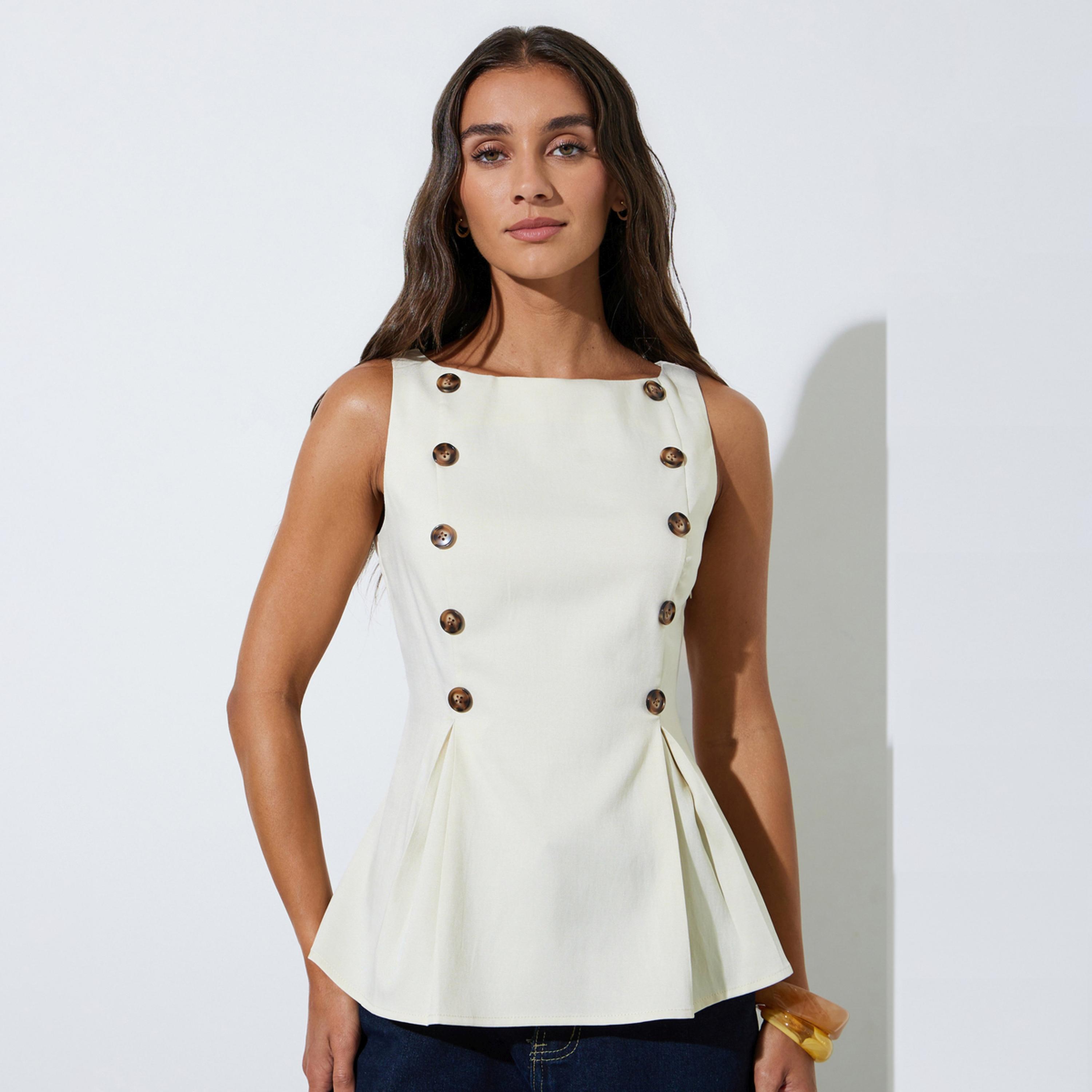 بلوزة بلا أكمام بحافة بيبلوم وتفاصيل أزرار-women-clothing-shirtsandblouses-blouses-image-1