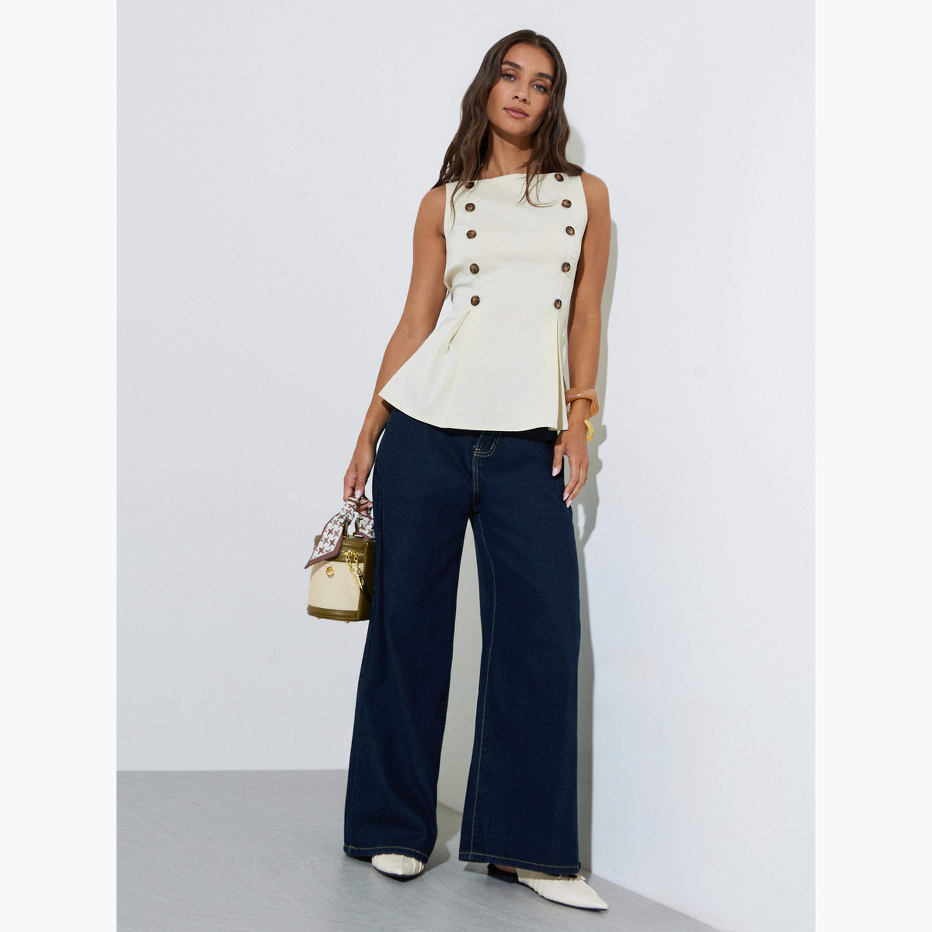 بلوزة بلا أكمام بحافة بيبلوم وتفاصيل أزرار-women-clothing-shirtsandblouses-blouses-image-2