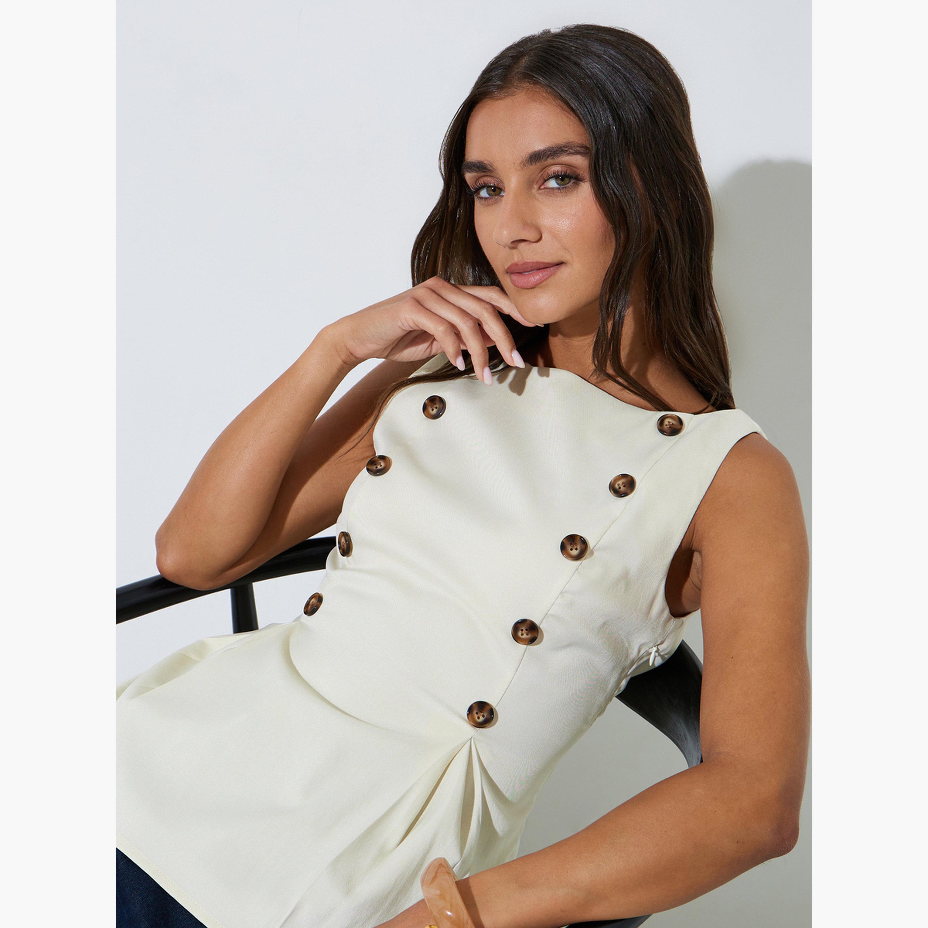 بلوزة بلا أكمام بحافة بيبلوم وتفاصيل أزرار-women-clothing-shirtsandblouses-blouses-image-3