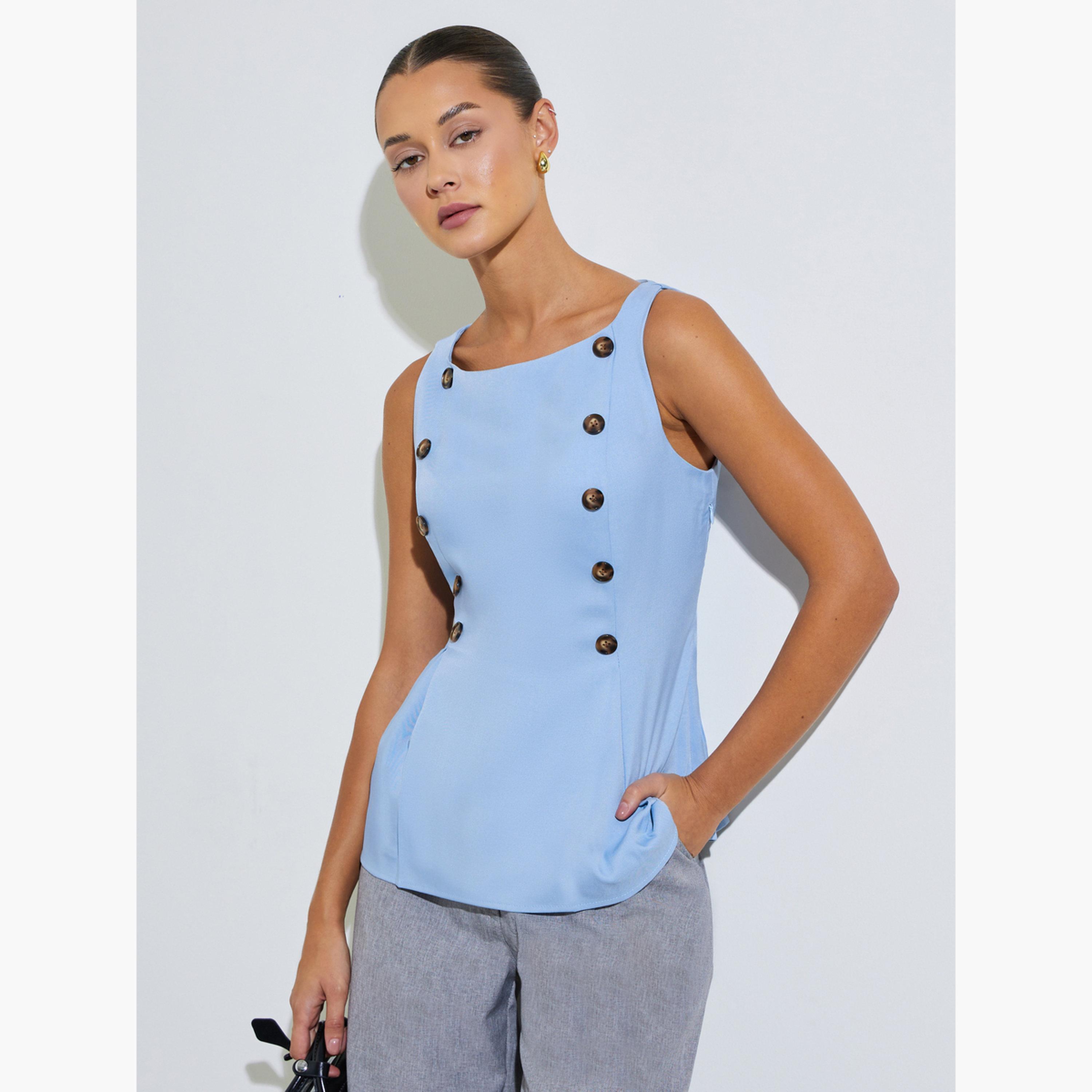 بلوزة بلا أكمام بحافة بيبلوم وتفاصيل أزرار-women-clothing-shirtsandblouses-blouses-image-1