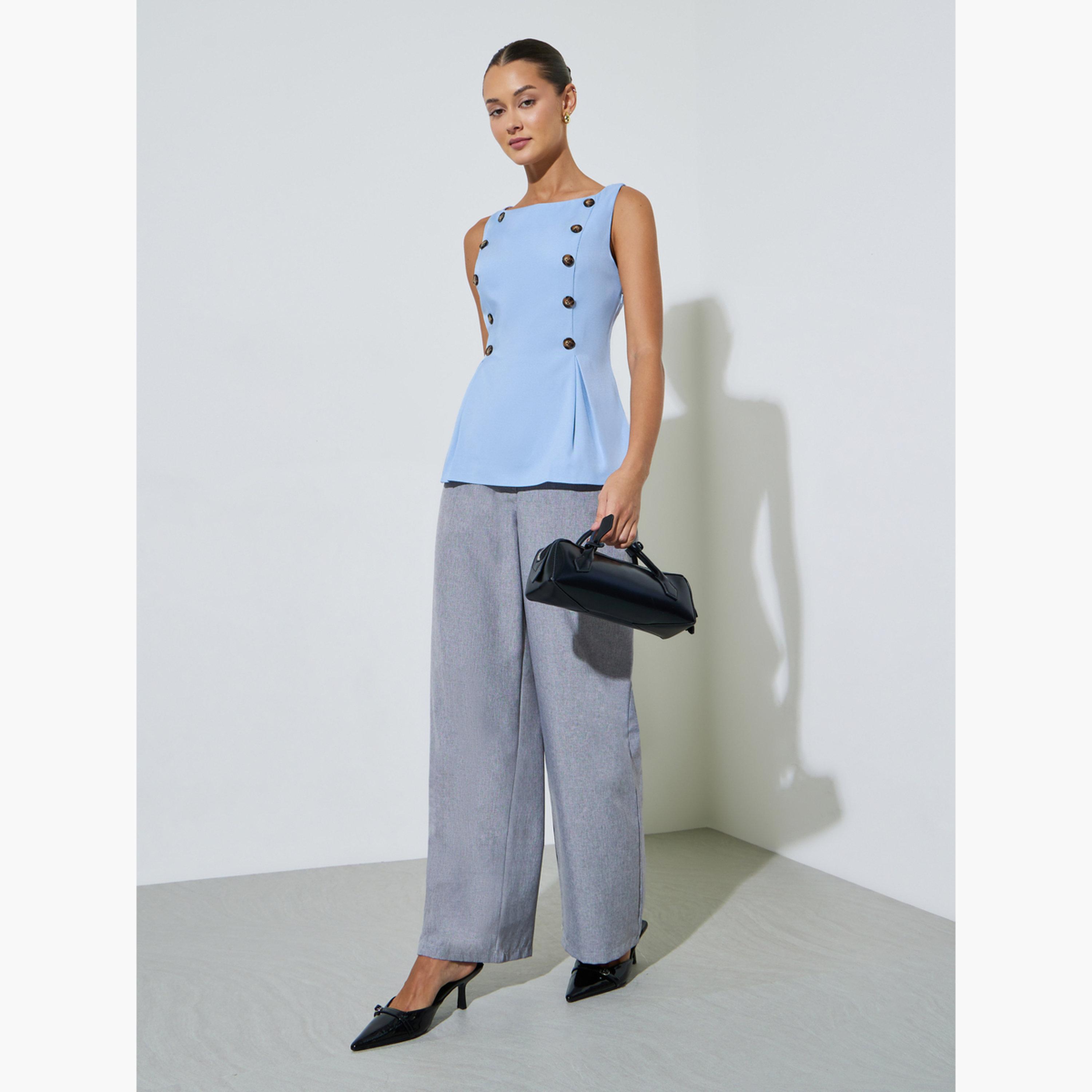 بلوزة بلا أكمام بحافة بيبلوم وتفاصيل أزرار-women-clothing-shirtsandblouses-blouses-image-2