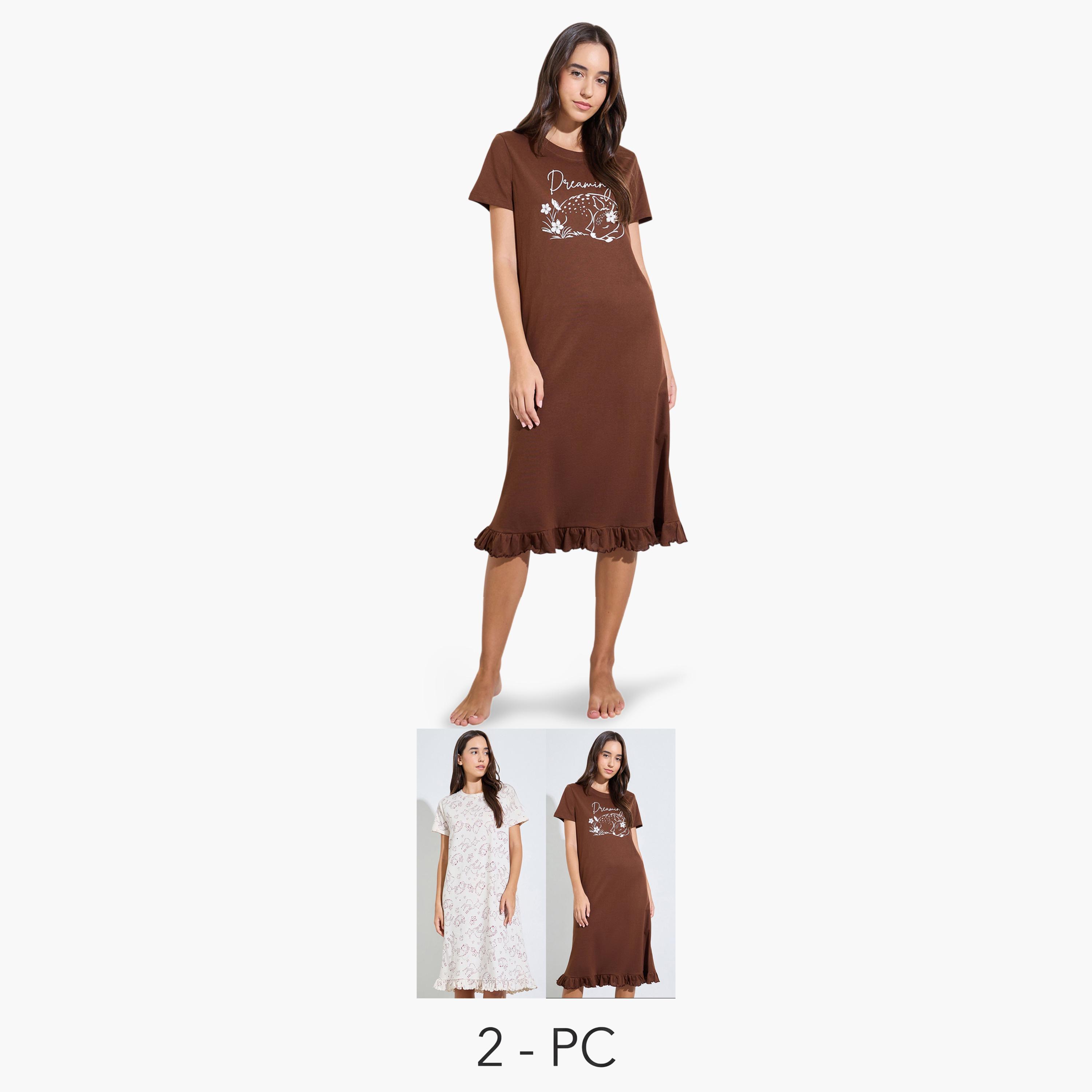 Styli Pack of 2 - Graphic Ruffle Hem Sleep T-Shirt-women-clothing-nightwear-nighties-image-1