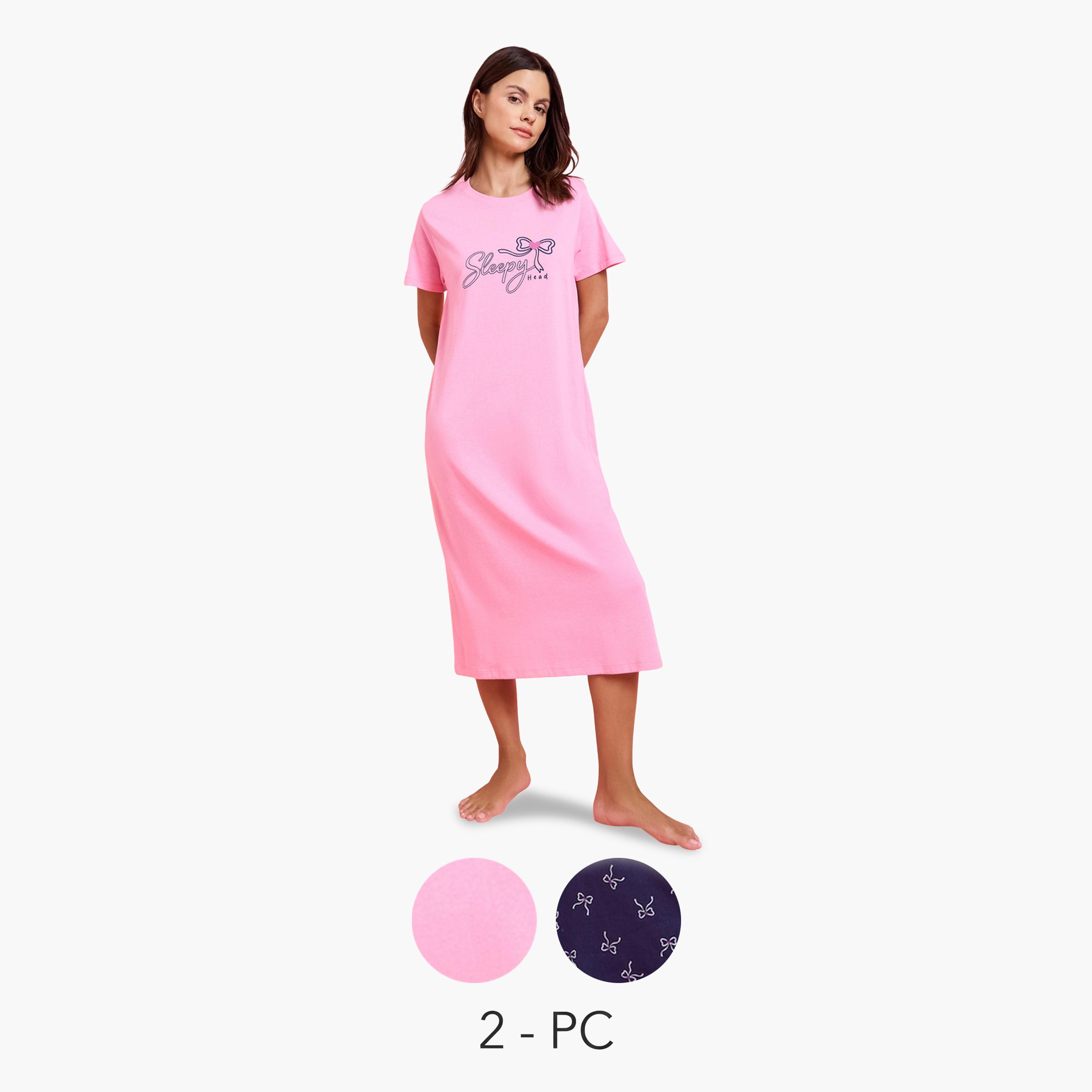 قميص نوم على شكل فستان تيشيرت بطبعة جرافيك وعقدة فراشة عبوة من قطعتين-women-clothing-nightwear-nighties-image-1