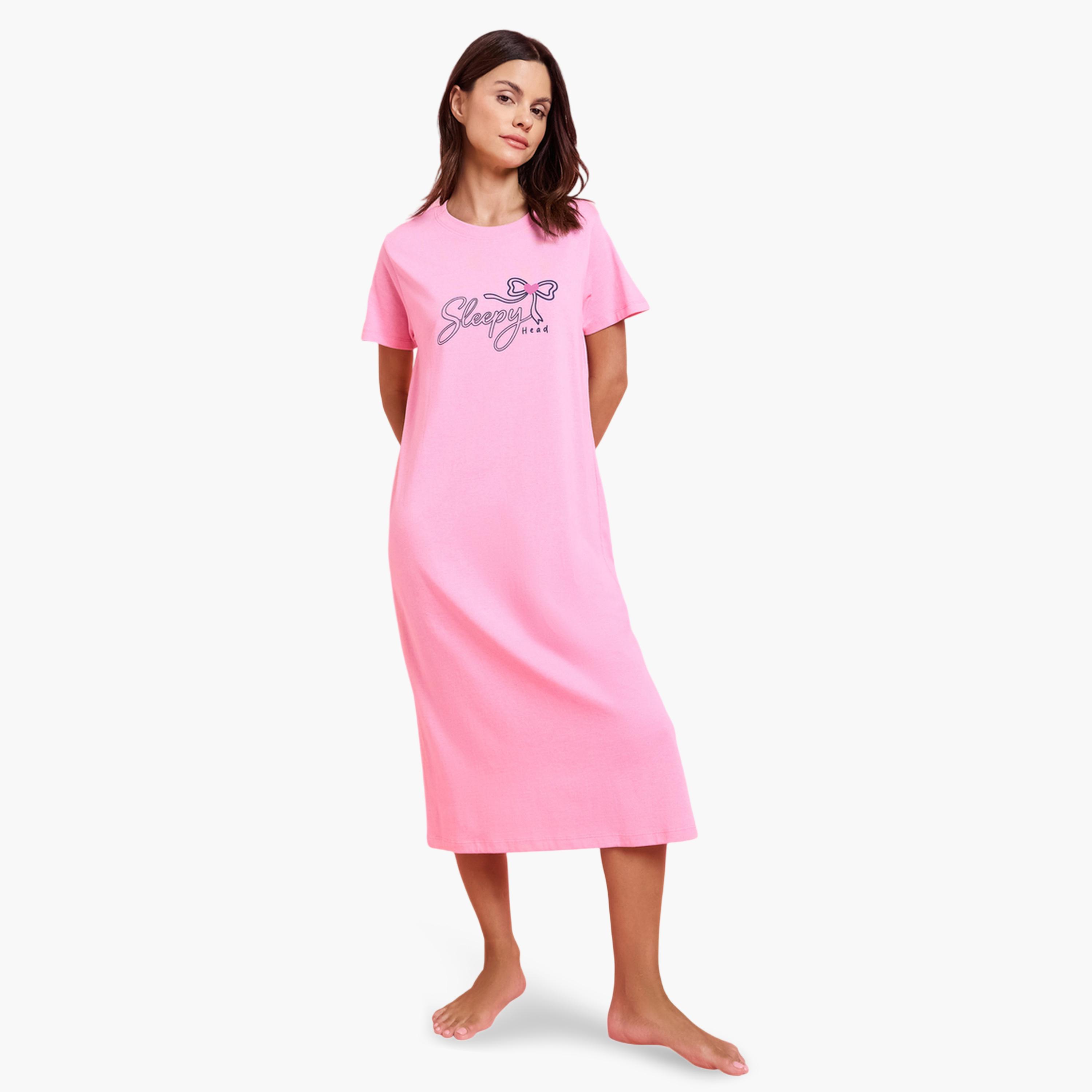 قميص نوم على شكل فستان تيشيرت بطبعة جرافيك وعقدة فراشة عبوة من قطعتين-women-clothing-nightwear-nighties-image-2