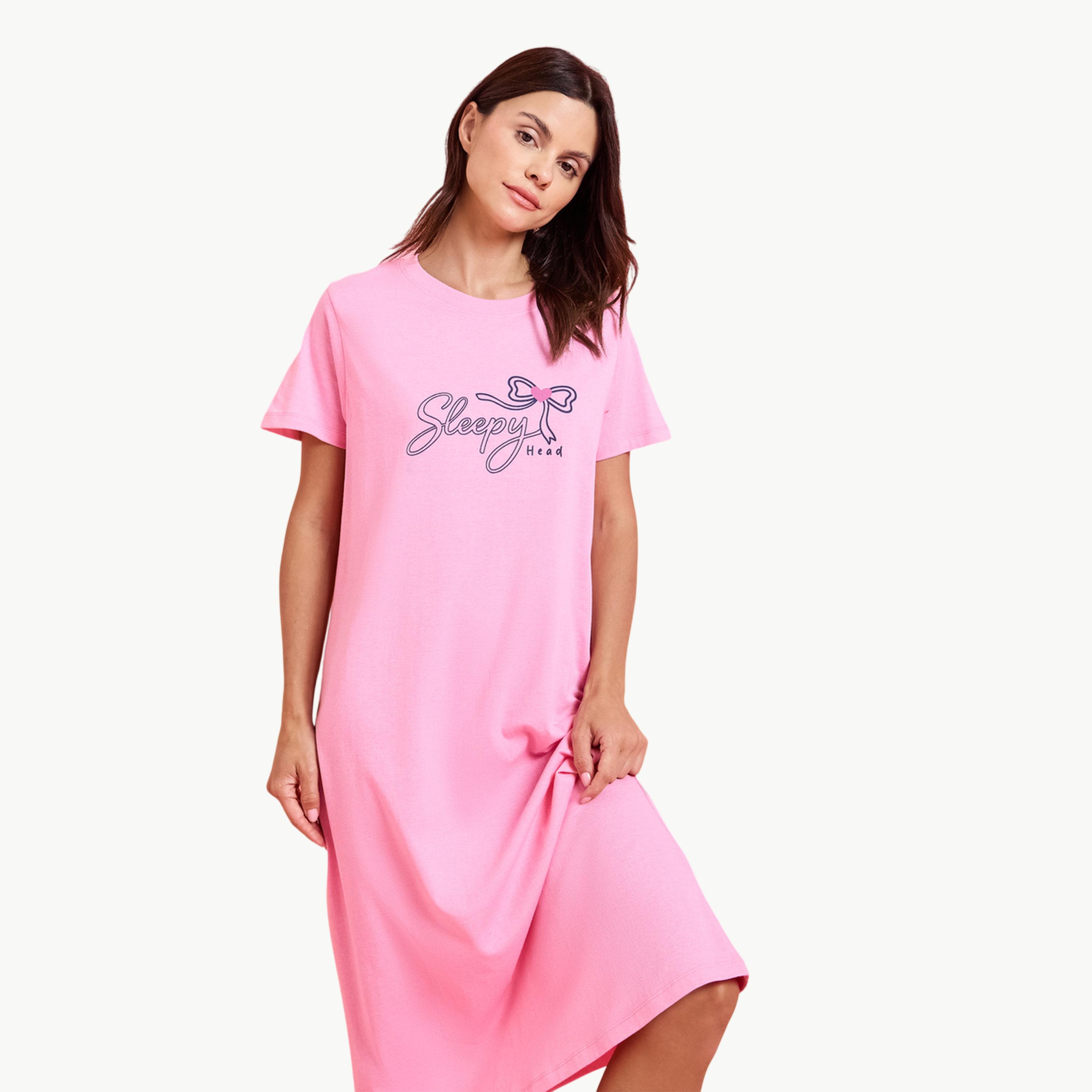 قميص نوم على شكل فستان تيشيرت بطبعة جرافيك وعقدة فراشة عبوة من قطعتين-women-clothing-nightwear-nighties-image-3
