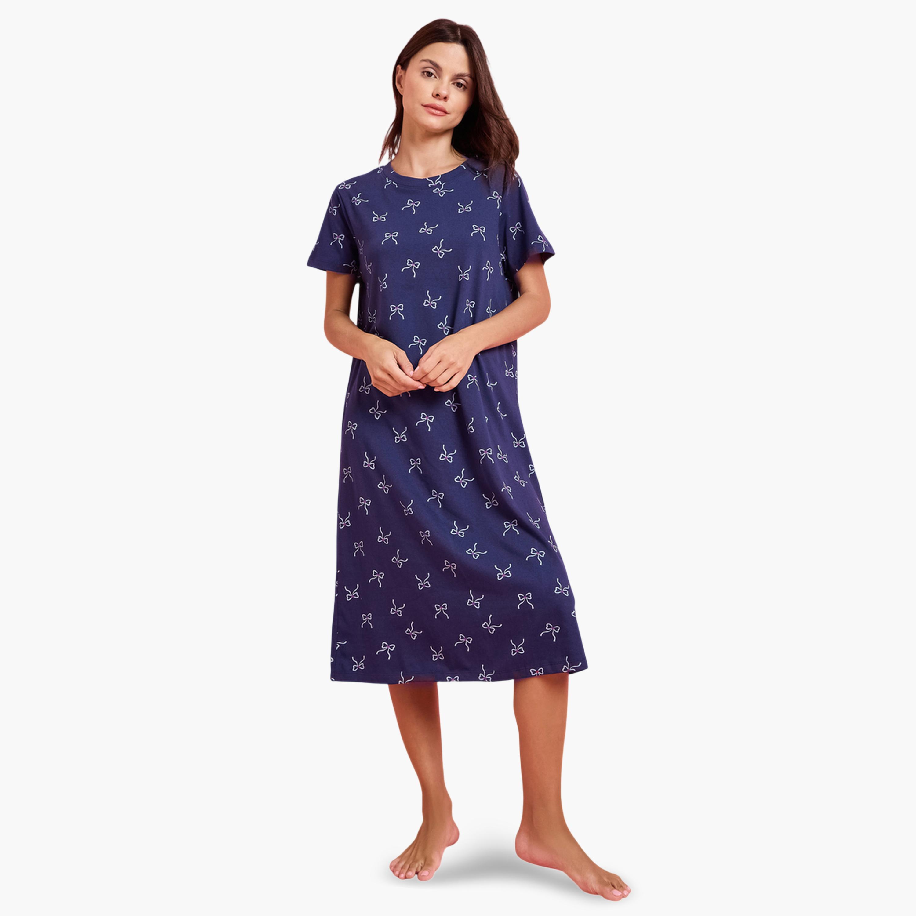 قميص نوم على شكل فستان تيشيرت بطبعة جرافيك وعقدة فراشة عبوة من قطعتين-women-clothing-nightwear-nighties-image-4