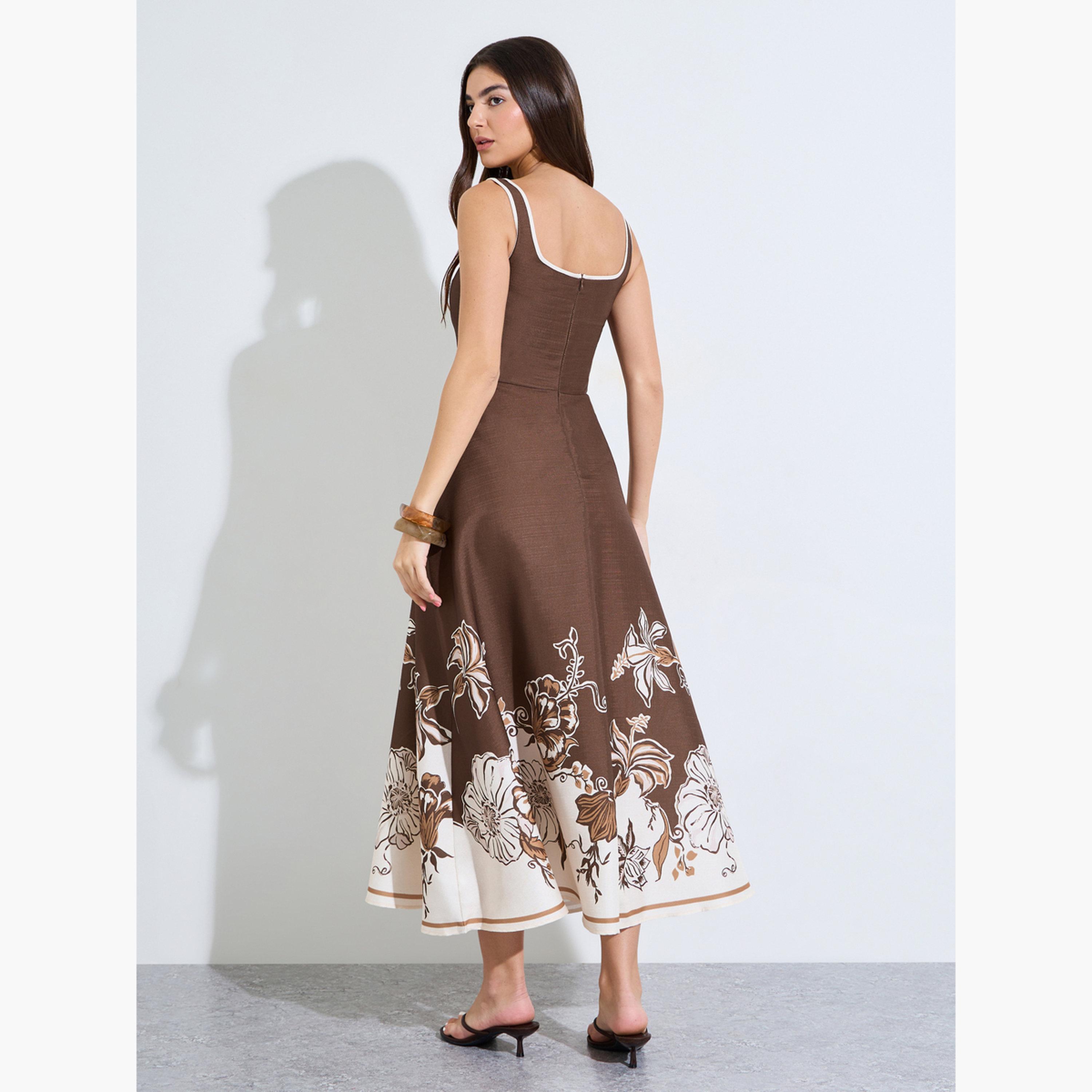 فستان طويل بحافة واسعة وطبعة زهور-women-clothing-dresses-image-4