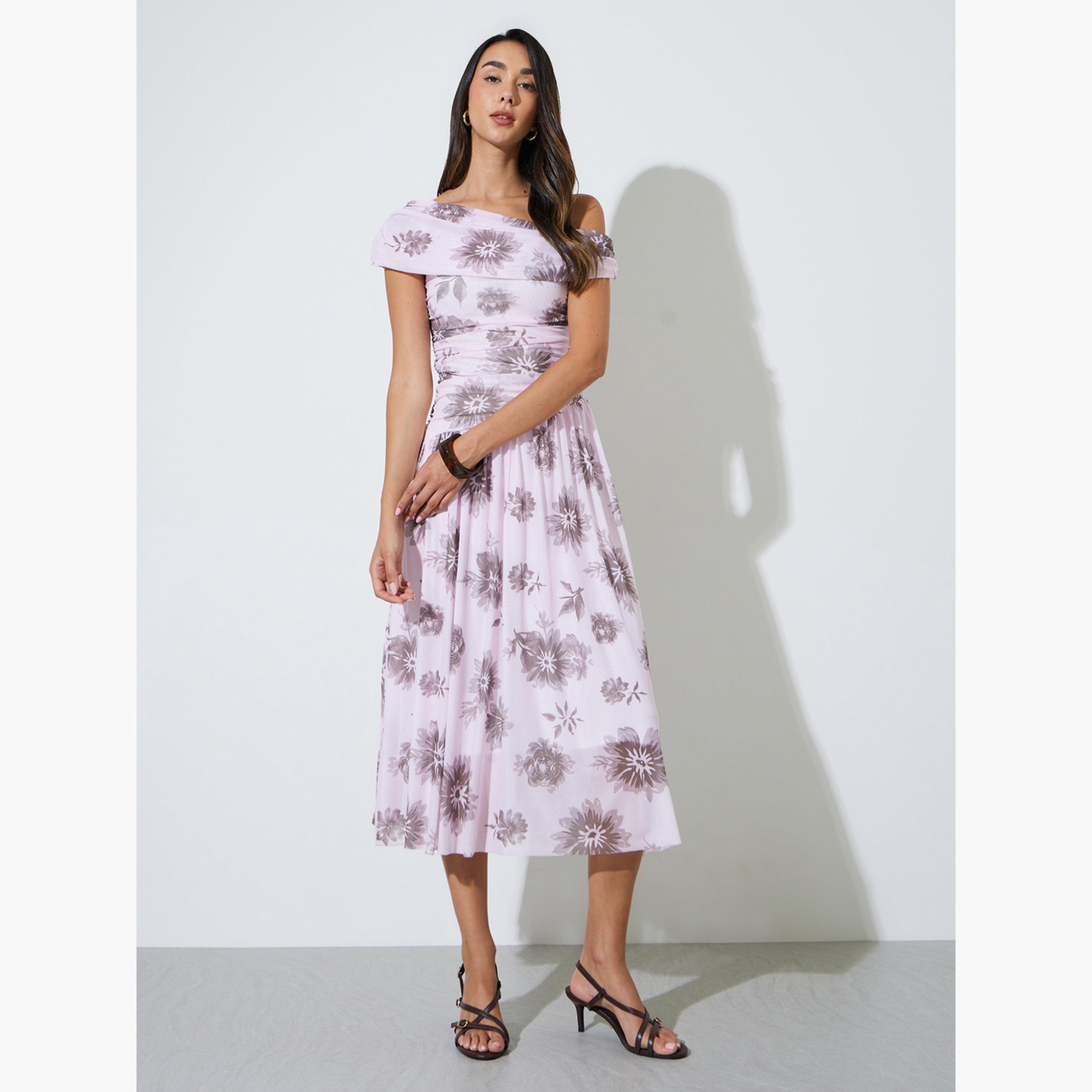 Styli Pink Floral One Shoulder A-Line Midi Dress-women-clothing-dresses-image-1