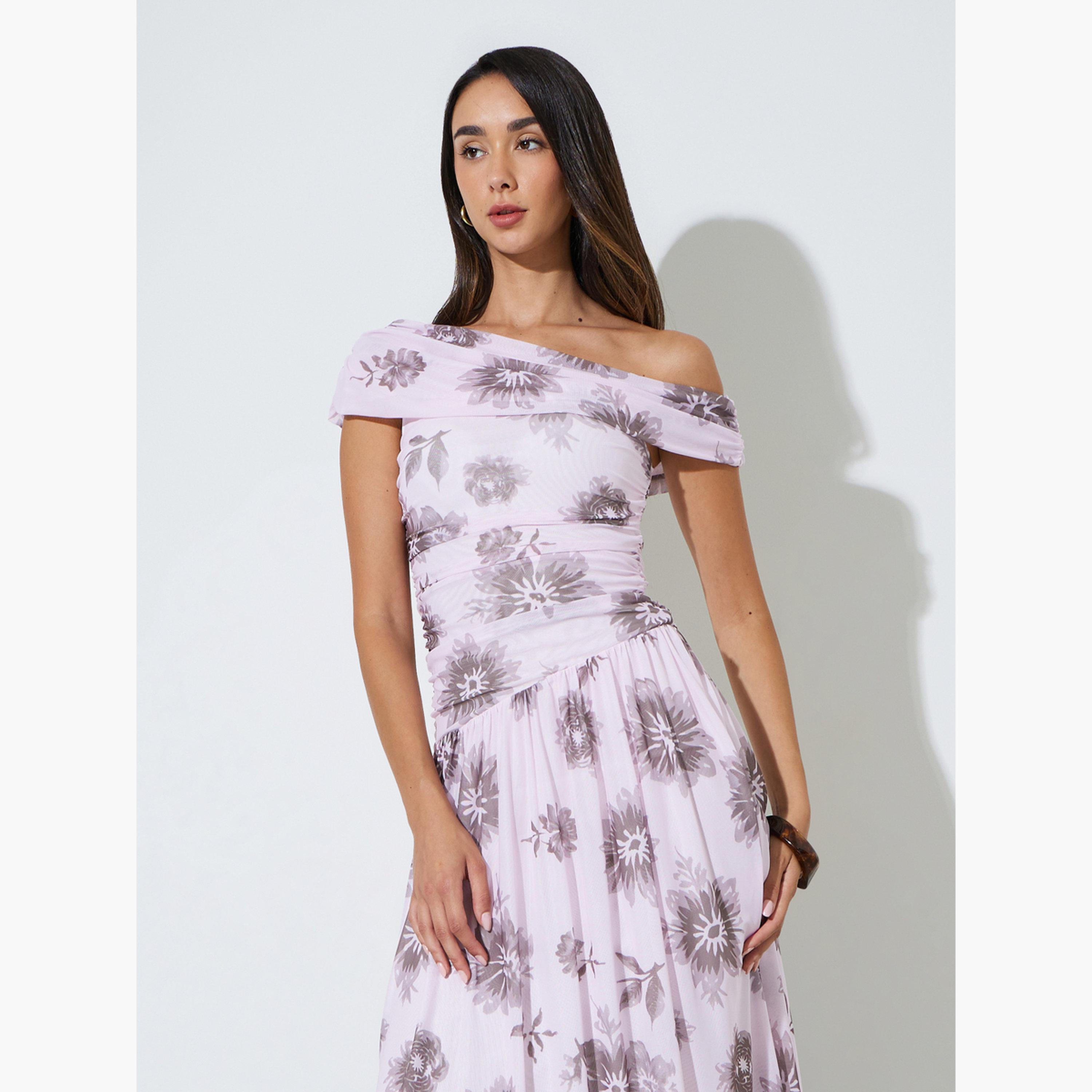 Styli Pink Floral One Shoulder A-Line Midi Dress-women-clothing-dresses-image-2