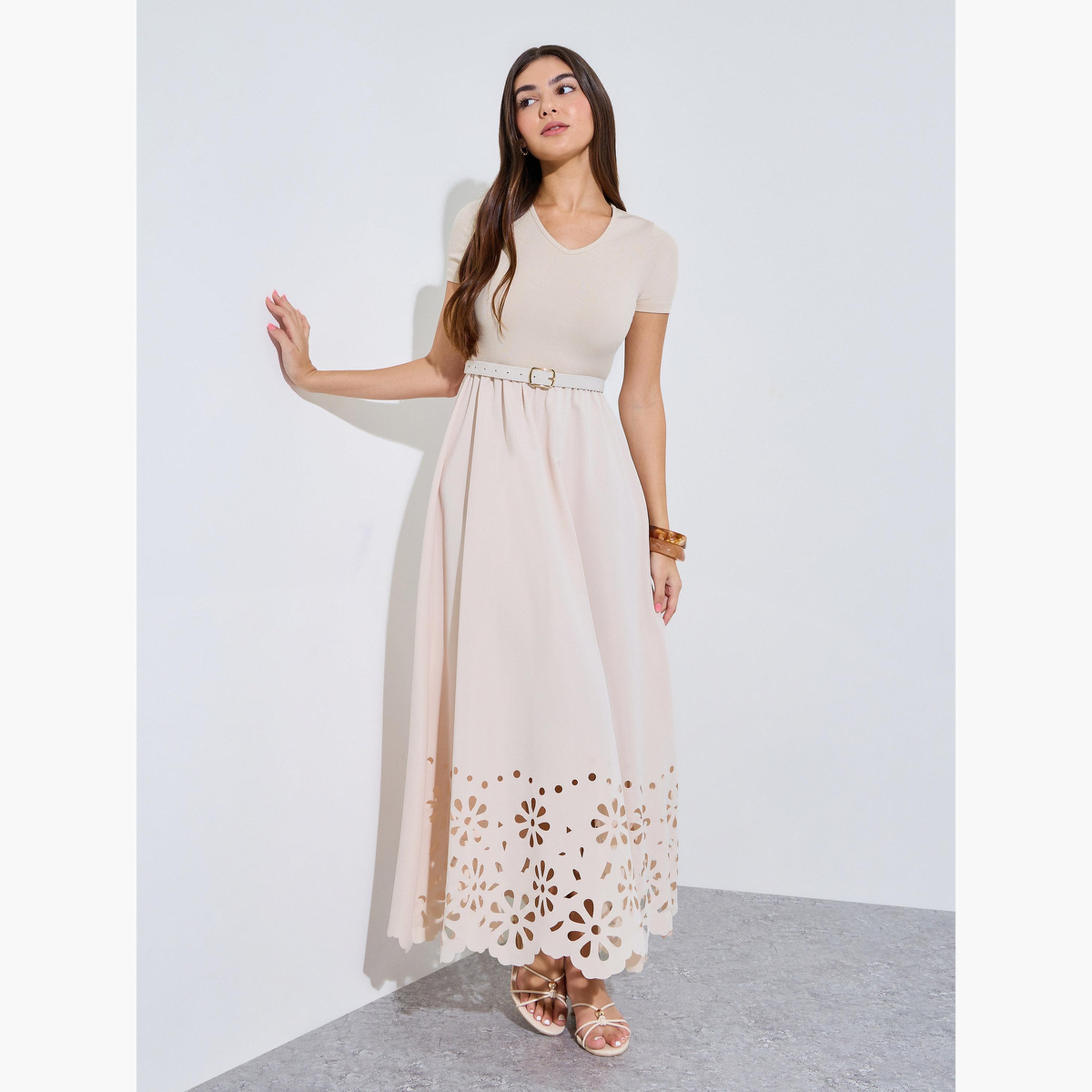 Styli Cream Cut-Work A-Line Maxi Dress with Buckle Belt-women-clothing-dresses-image-1