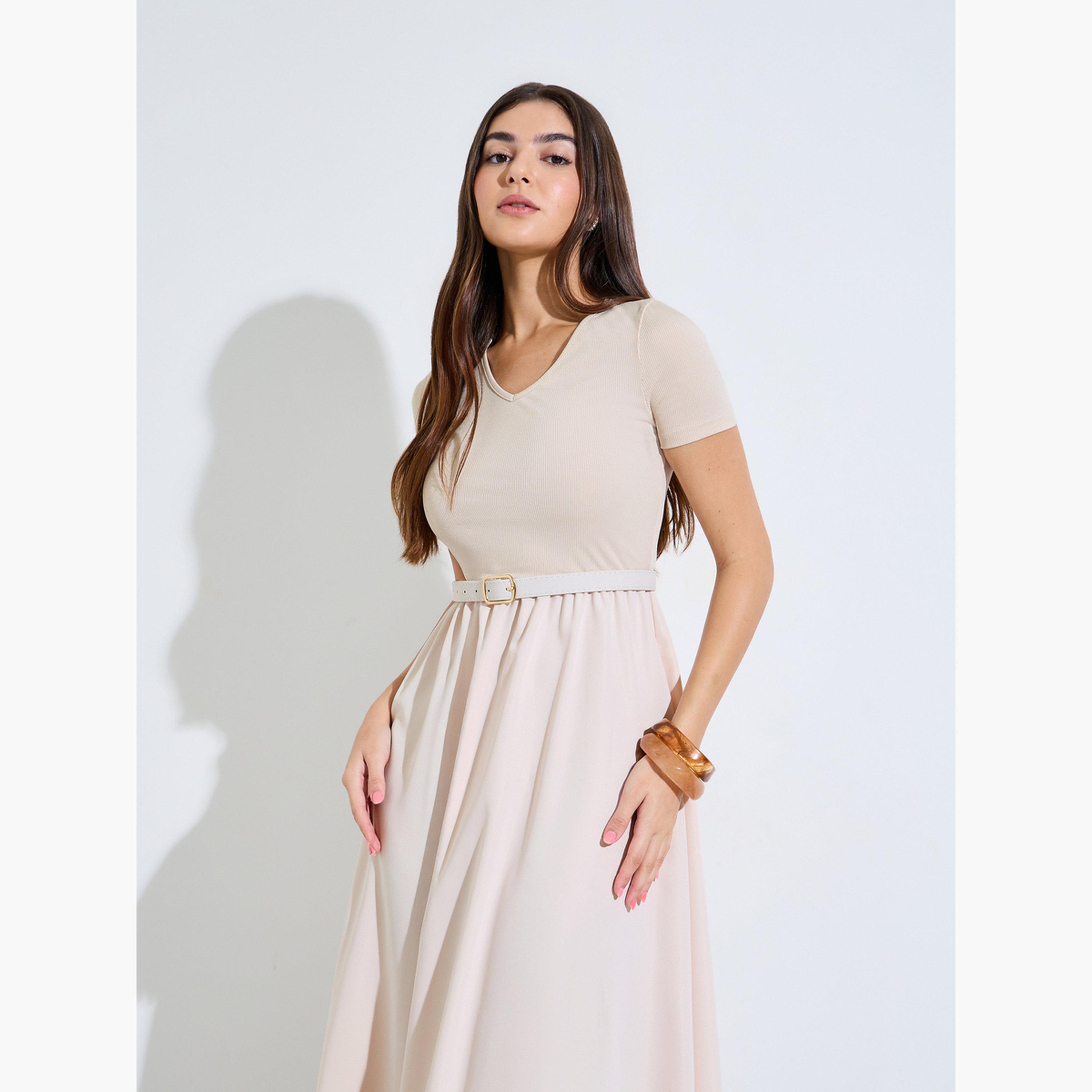 Styli Cream Cut-Work A-Line Maxi Dress with Buckle Belt-women-clothing-dresses-image-2