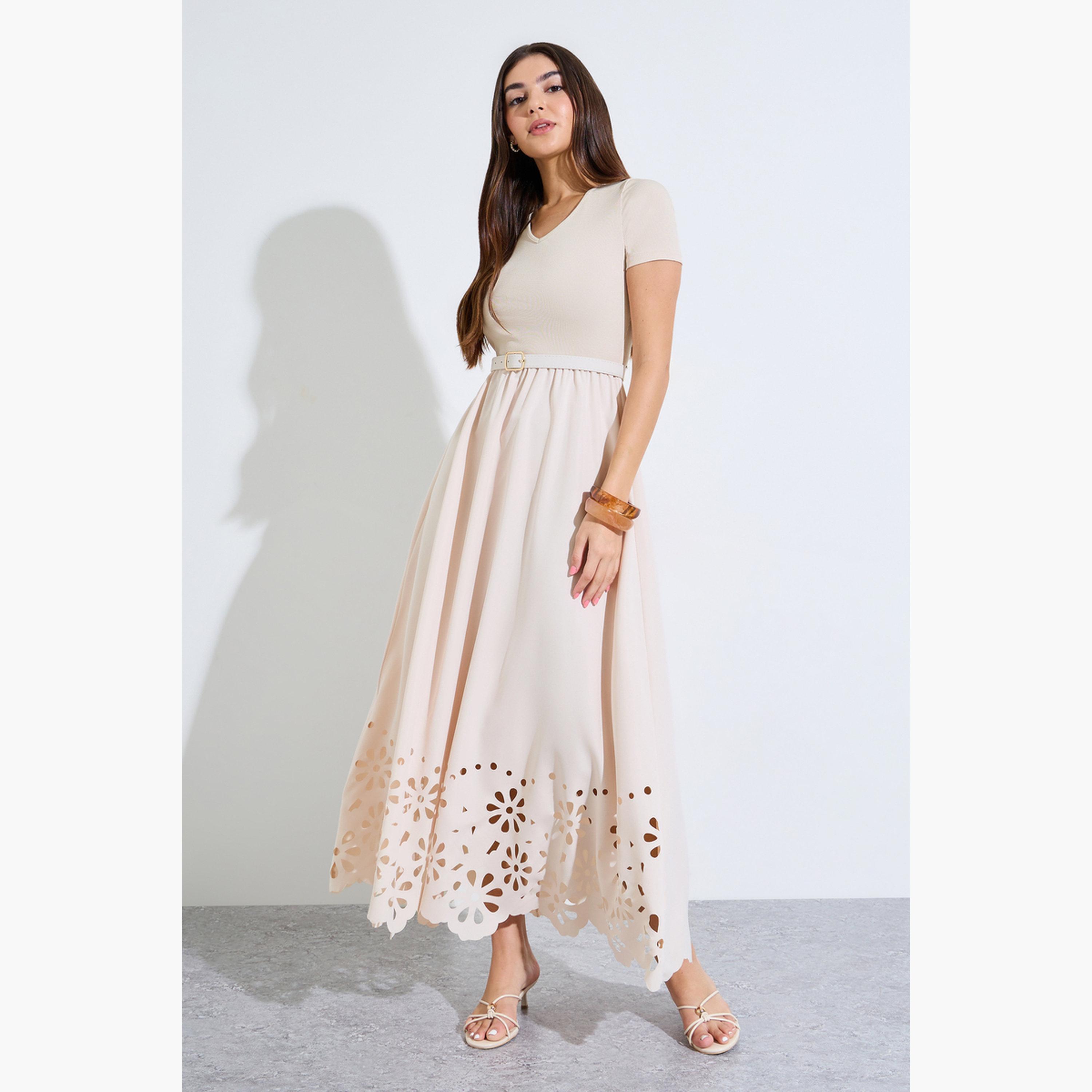 Styli Cream Cut-Work A-Line Maxi Dress with Buckle Belt-women-clothing-dresses-image-3