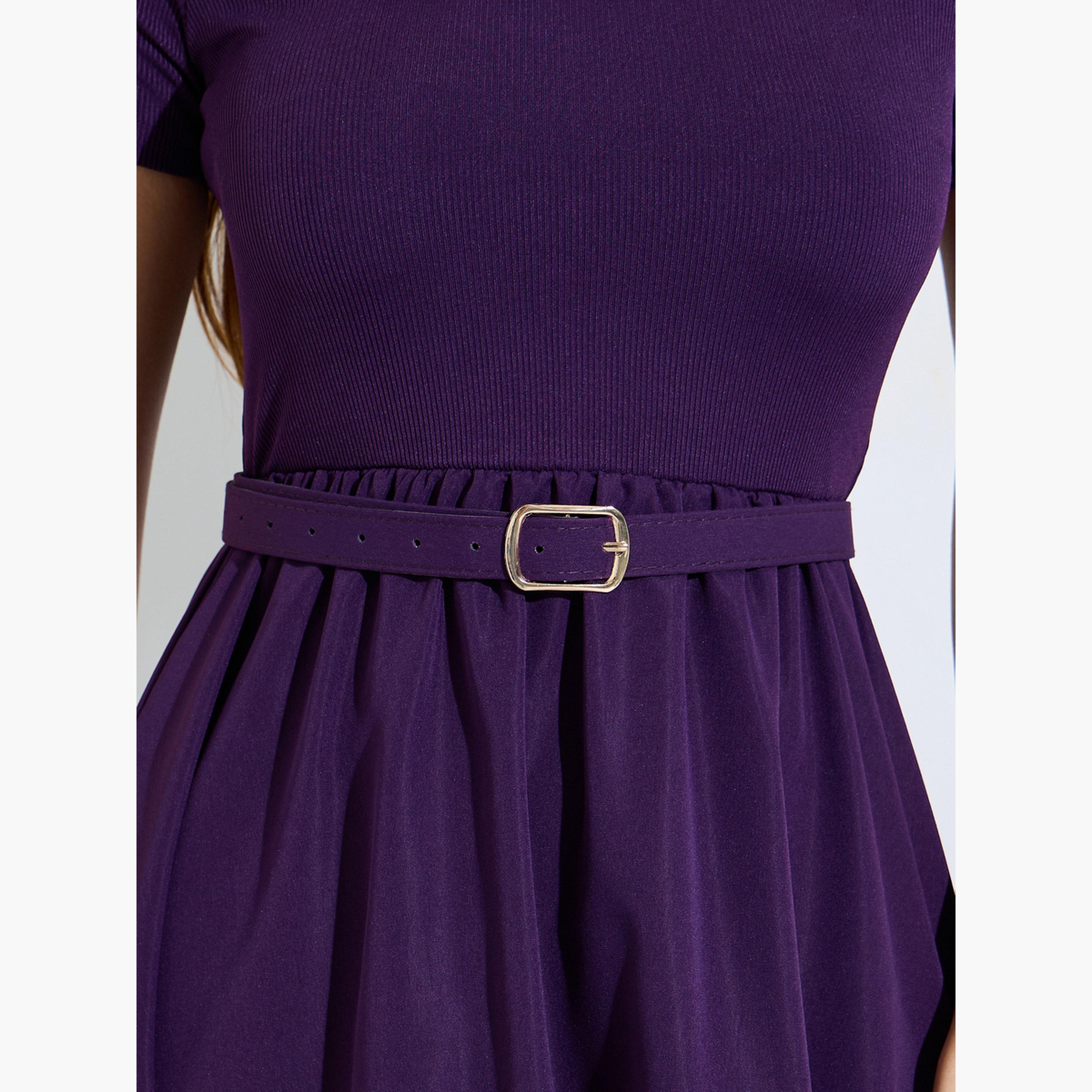 فستان طويل بحافة واسعة وتفاصيل مفرغة مع حزام بإبزيم-women-clothing-dresses-image-6