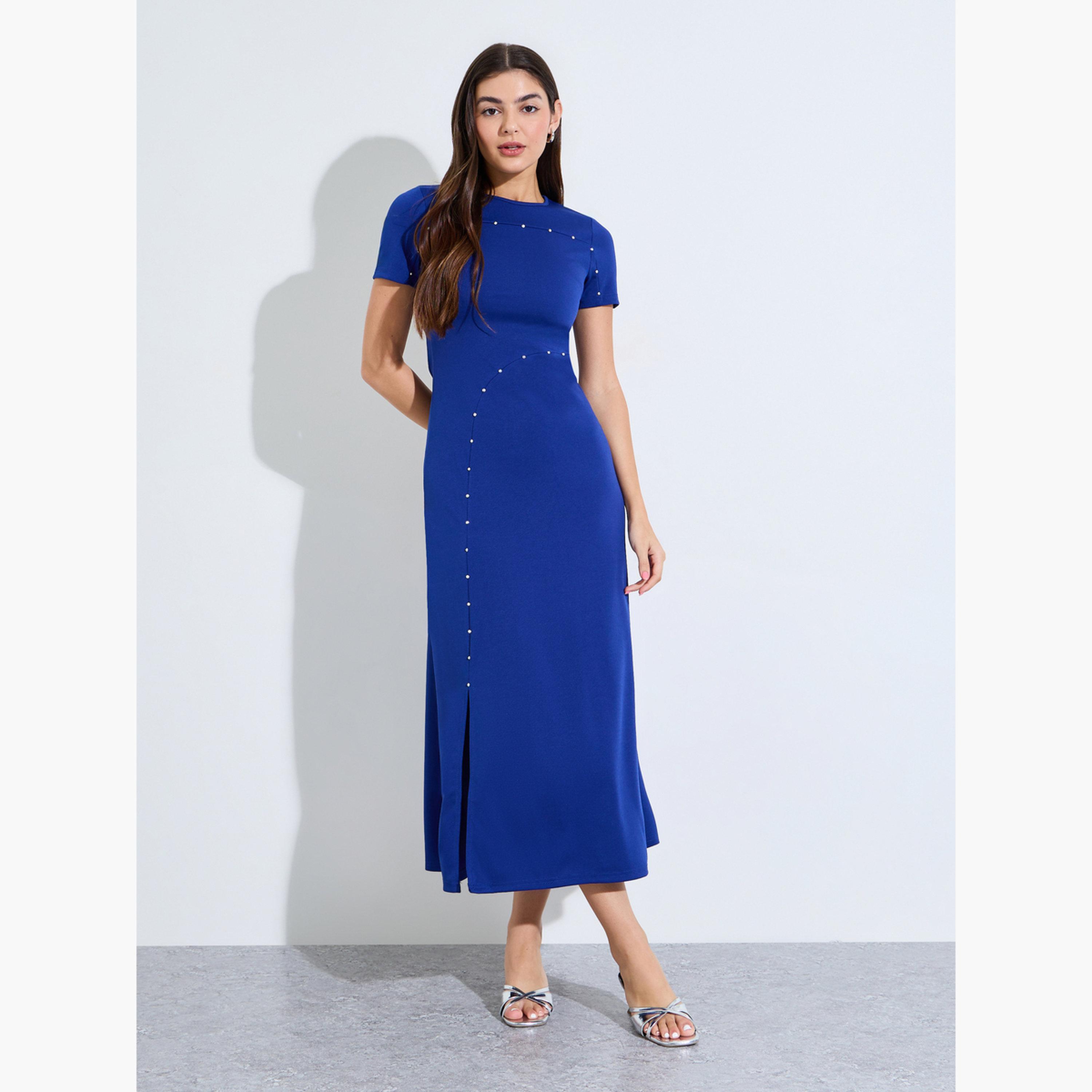 فستان ميدي بحافة واسعة وفتحة جانبية-women-clothing-dresses-image-1