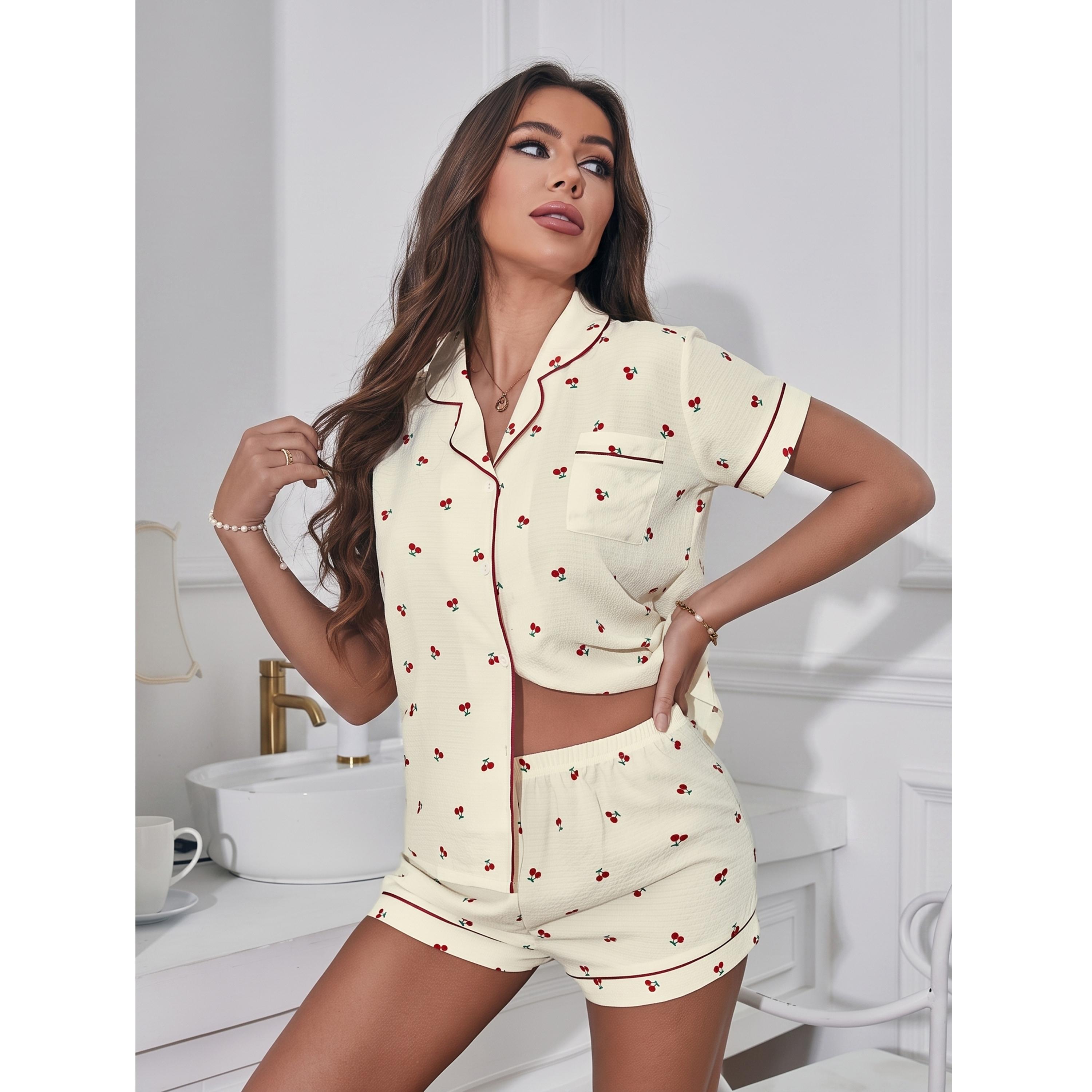 طقم بيجاما من شورت وبلوزة بطبعة كرز متعدد الألوان-women-clothing-nightwear-pyjamas-shortsets-image-1
