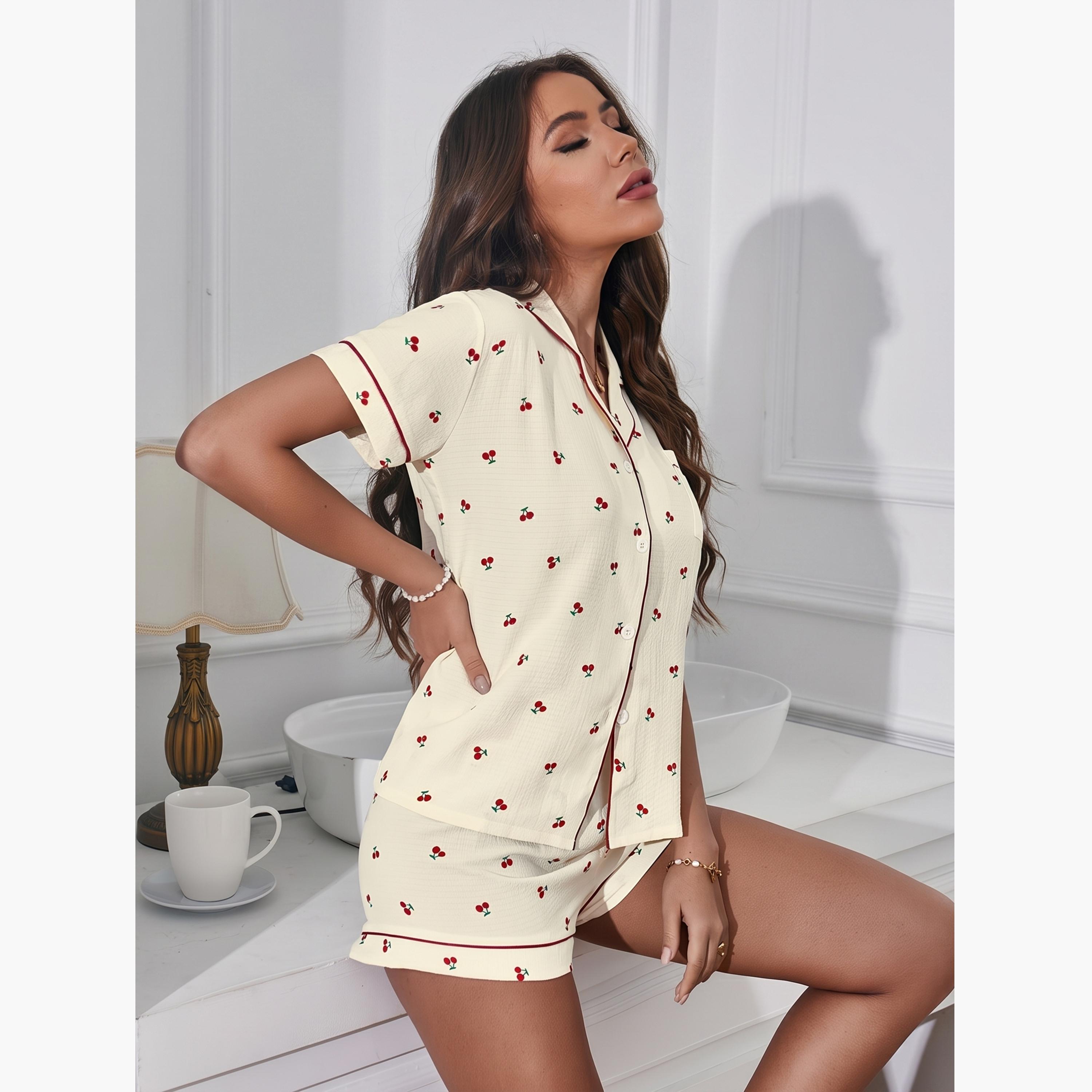 طقم بيجاما من شورت وبلوزة بطبعة كرز متعدد الألوان-women-clothing-nightwear-pyjamas-shortsets-image-4