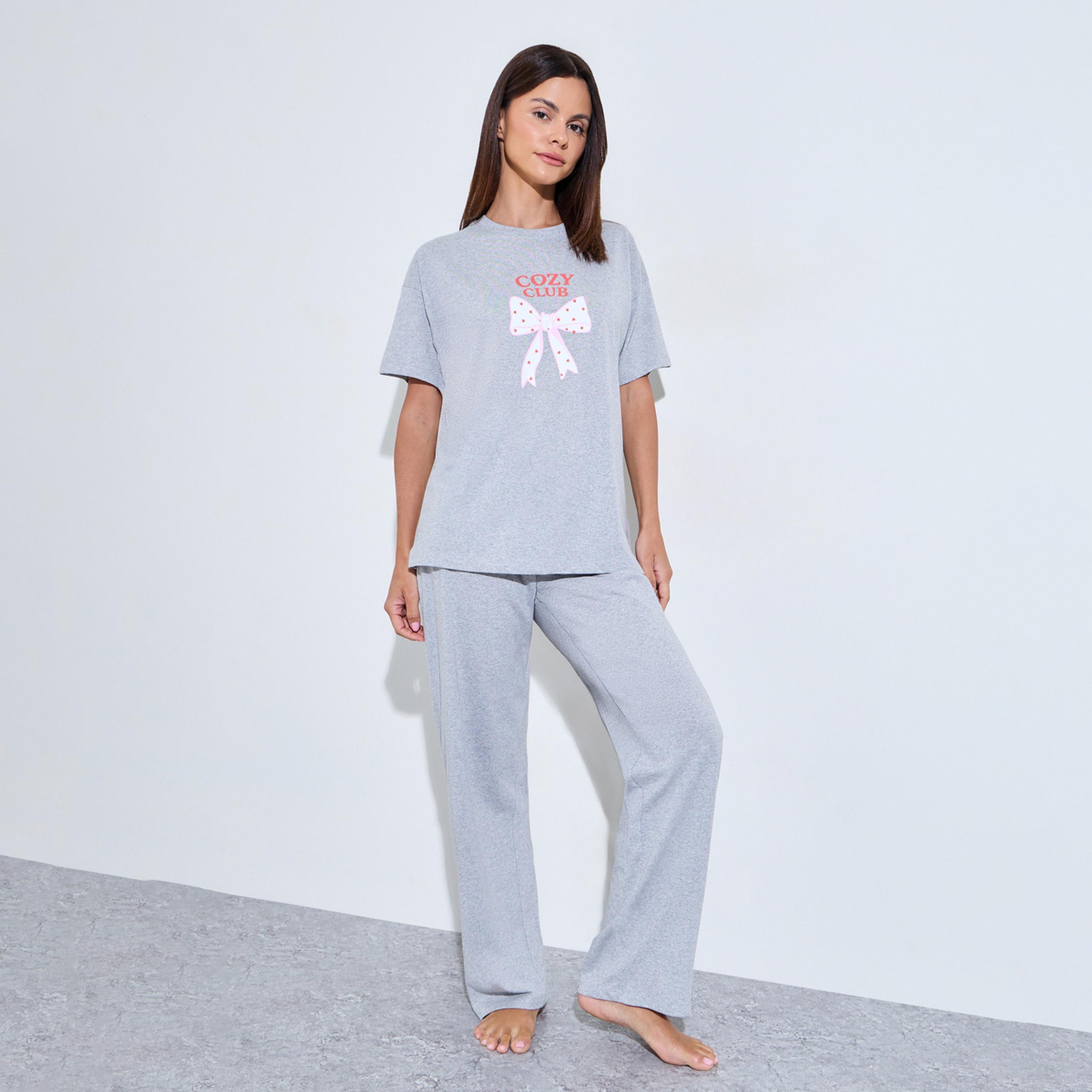 Styli Grey Bow Print Drop Shoulder T-Shirt and Pyjama Set-women-clothing-nightwear-pyjamas-longsets-image-1