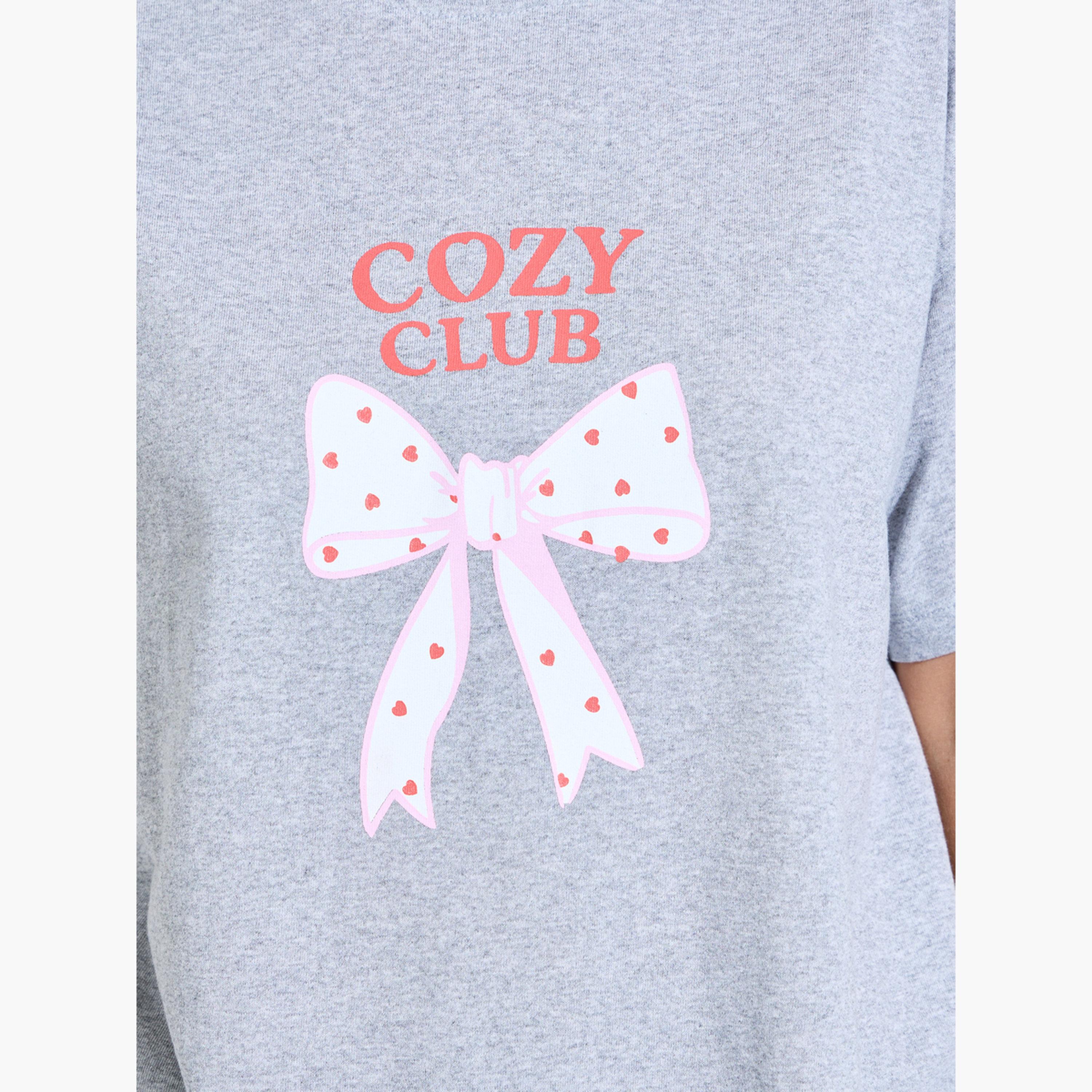 Styli Grey Bow Print Drop Shoulder T-Shirt and Pyjama Set-women-clothing-nightwear-pyjamas-longsets-image-5