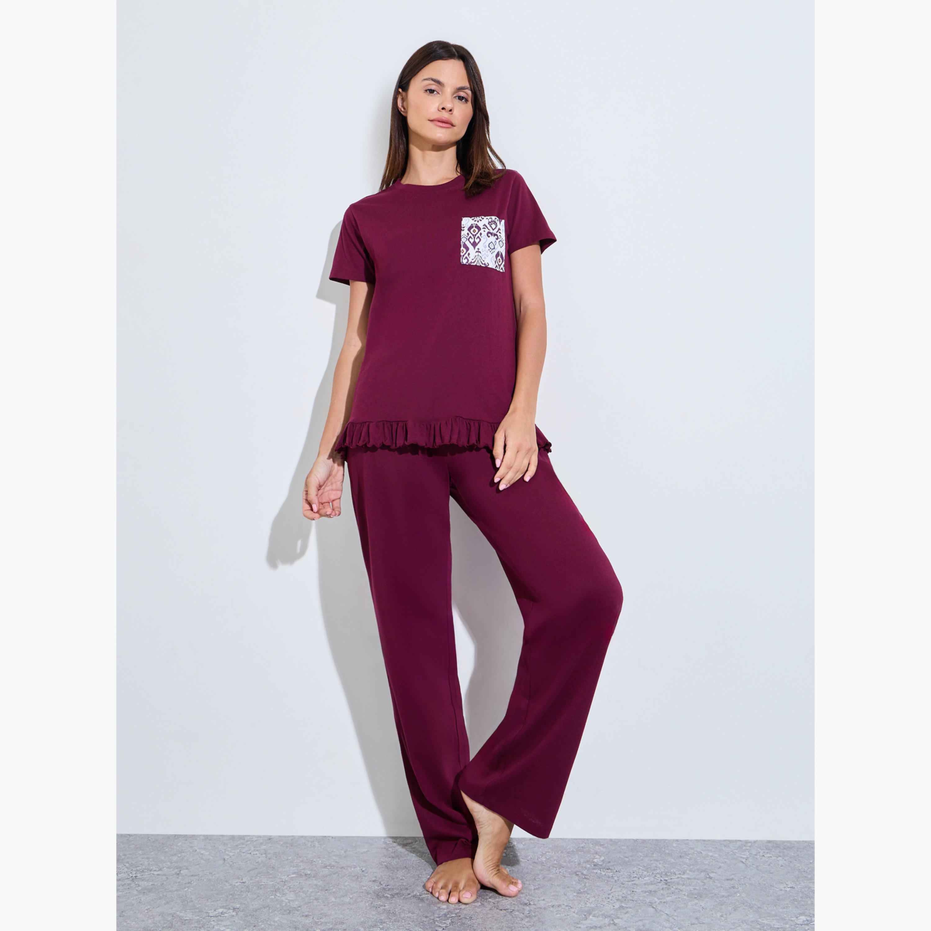Styli Burgundy Ikat Print Pocket Ruffle Hem T-Shirt and Pyjama Set-women-clothing-nightwear-pyjamas-longsets-image-1