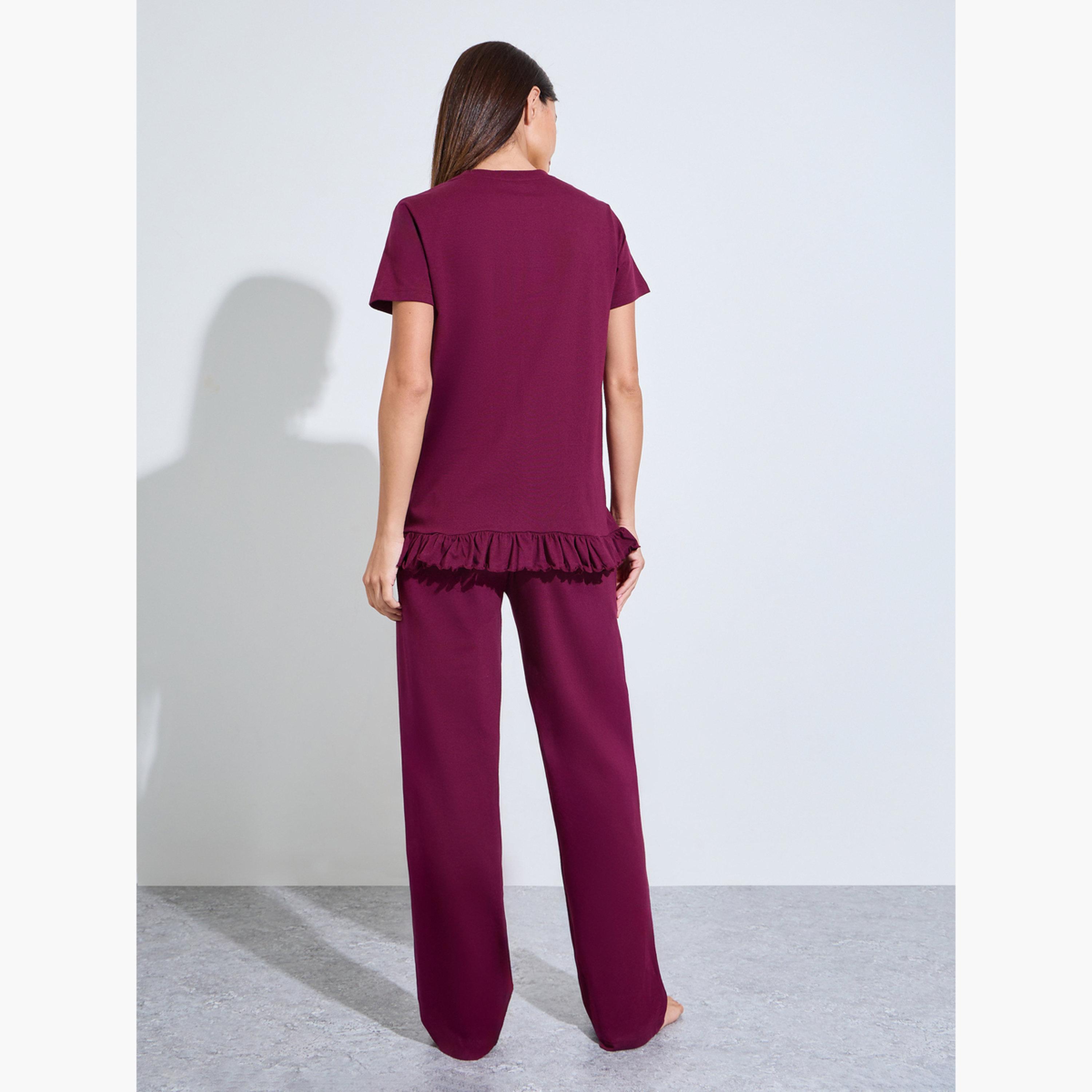Styli Burgundy Ikat Print Pocket Ruffle Hem T-Shirt and Pyjama Set-women-clothing-nightwear-pyjamas-longsets-image-3