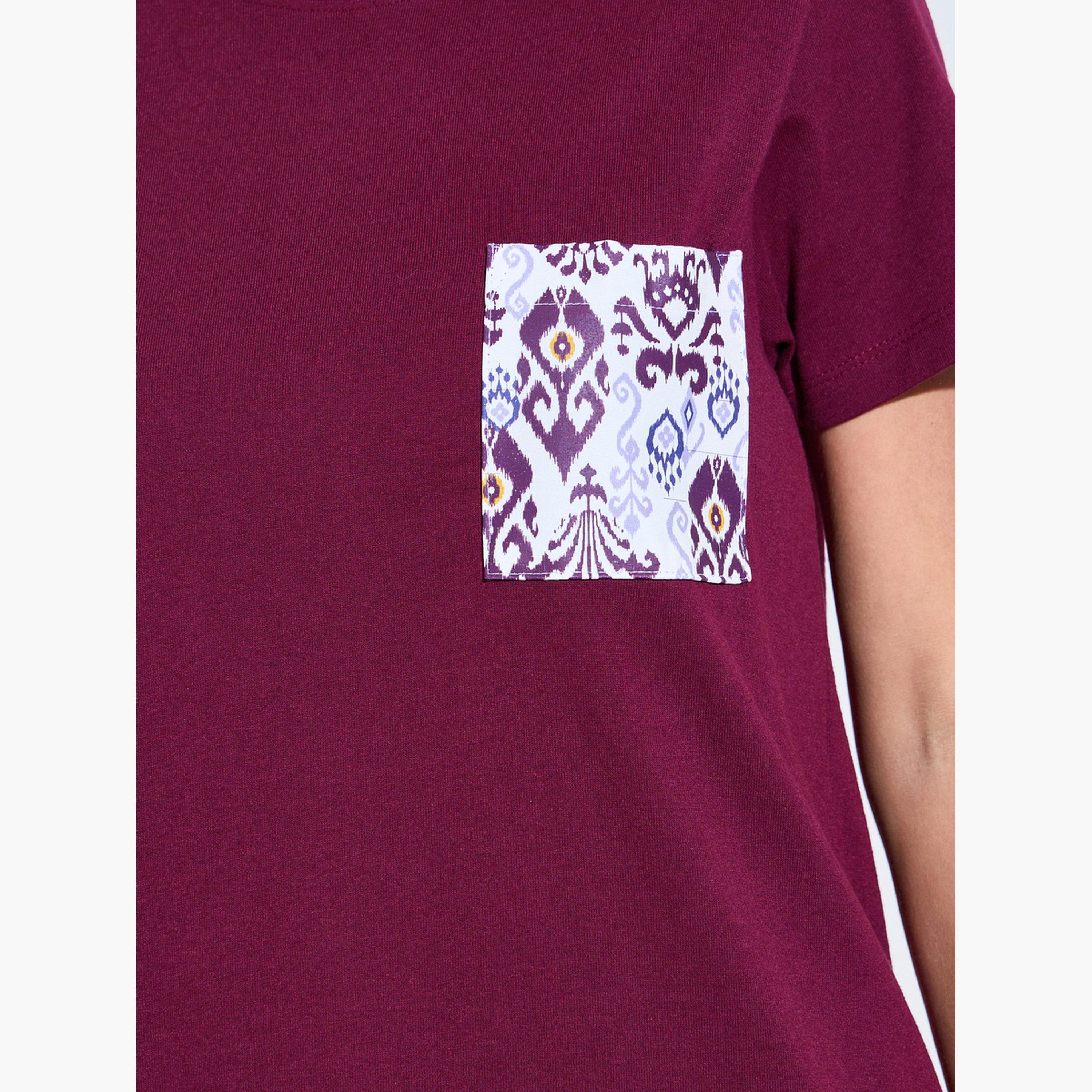 Styli Burgundy Ikat Print Pocket Ruffle Hem T-Shirt and Pyjama Set-women-clothing-nightwear-pyjamas-longsets-image-5