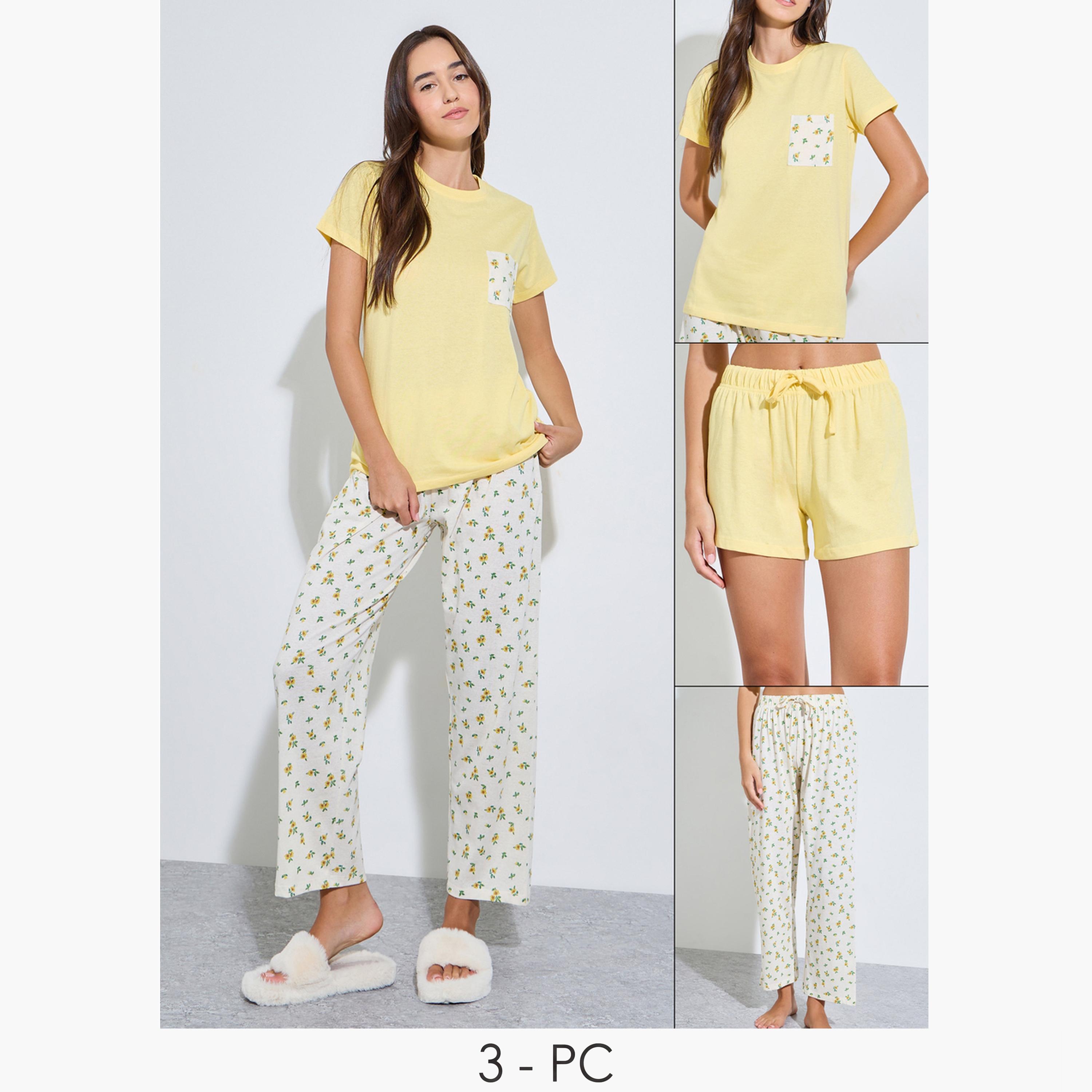Styli Pack of 3 - Floral Pocket T-Shirt, Shorts and Pyjama Set-women-clothing-nightwear-pyjamas-longsets-image-1