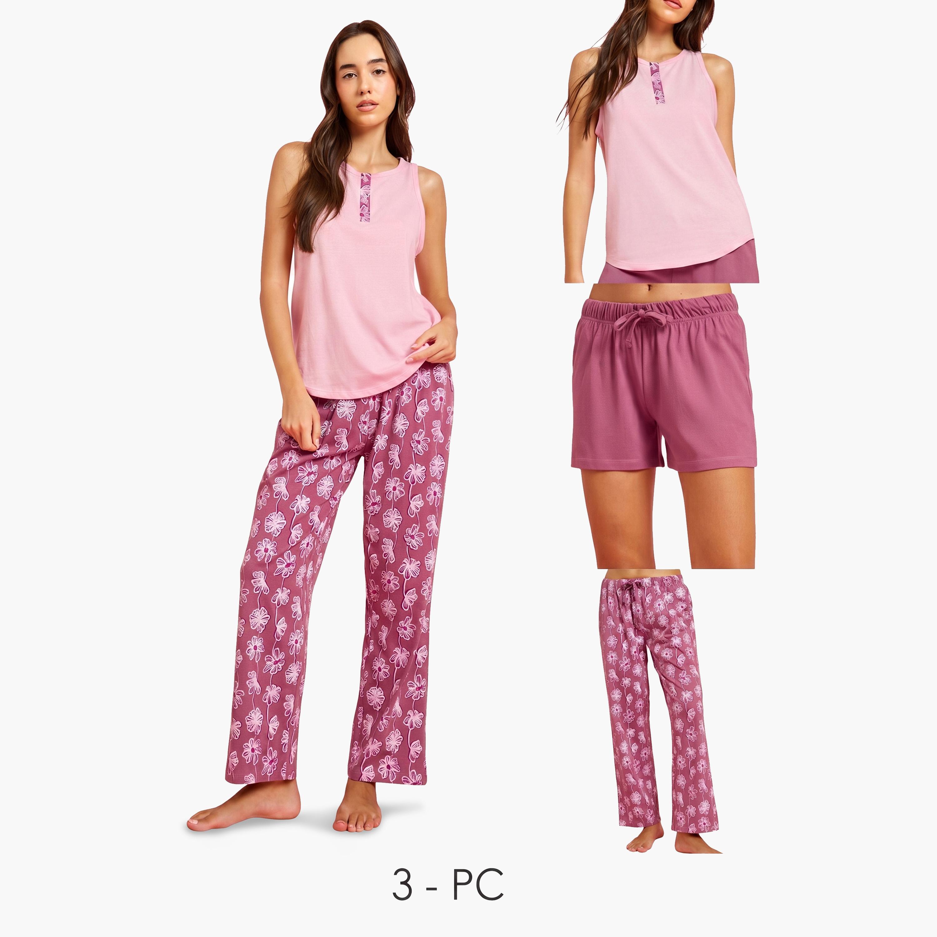 طقم بيجاما من فيست وأزرار وشورت بطبعة زهور 3 قطع-women-clothing-nightwear-pyjamas-longsets-image-1