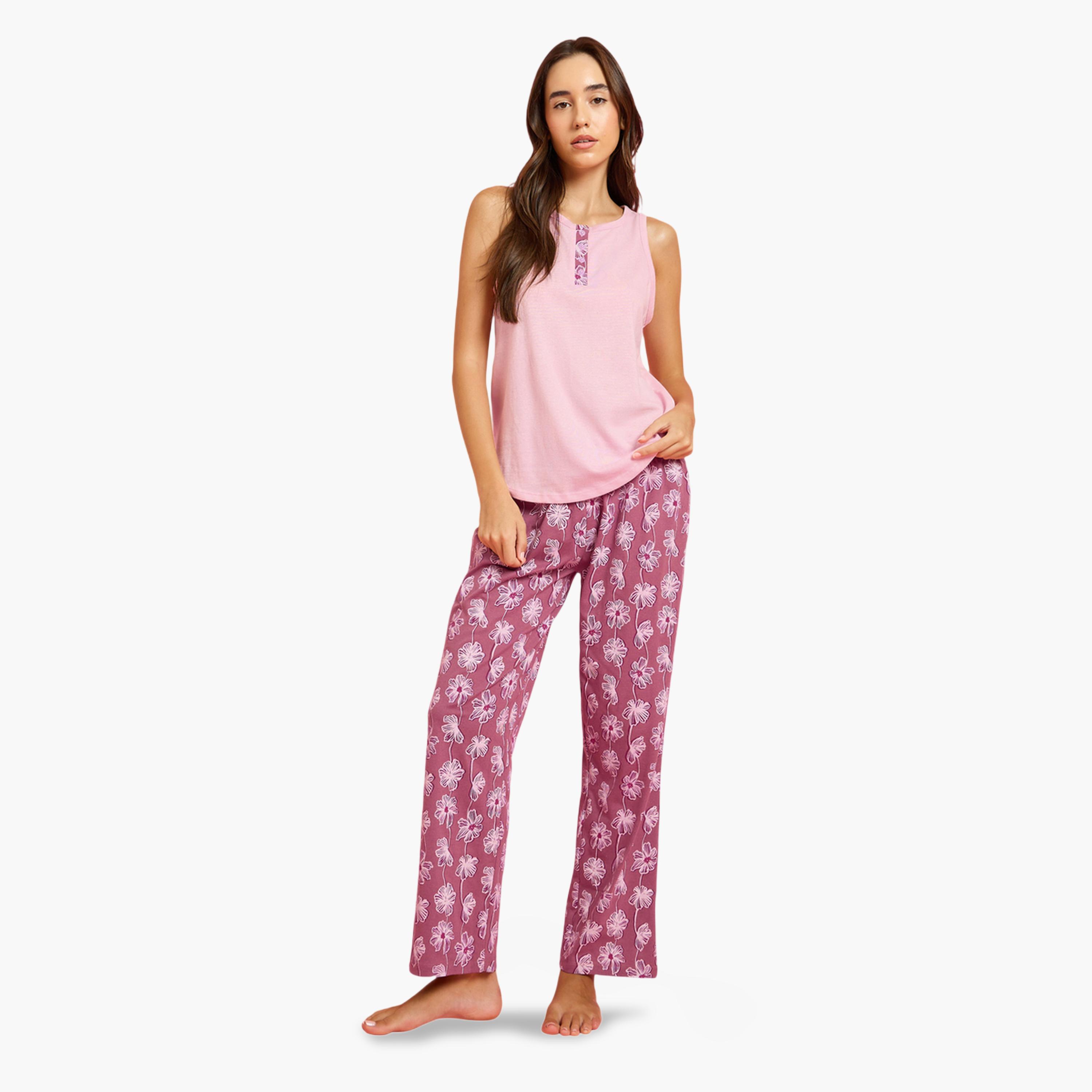 Styli Pack of 3 - Floral Placket Vest, Shorts and Pyjama Set-women-clothing-nightwear-pyjamas-longsets-image-2