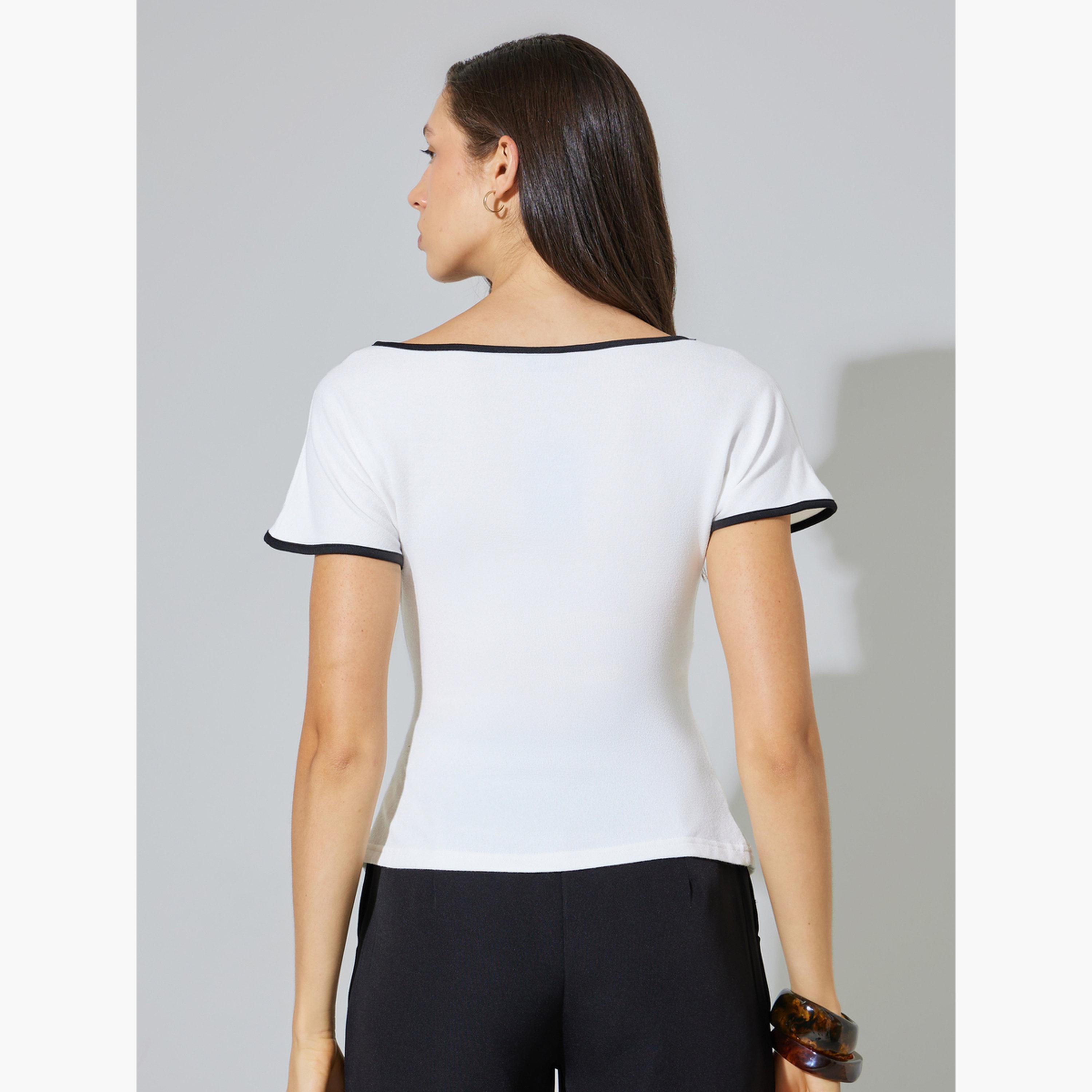 ستايلي - بلوزة قصيرة الأكمام محبوكة بحواف بيضاء متباينة-women-clothing-shirtsandblouses-blouses-image-3