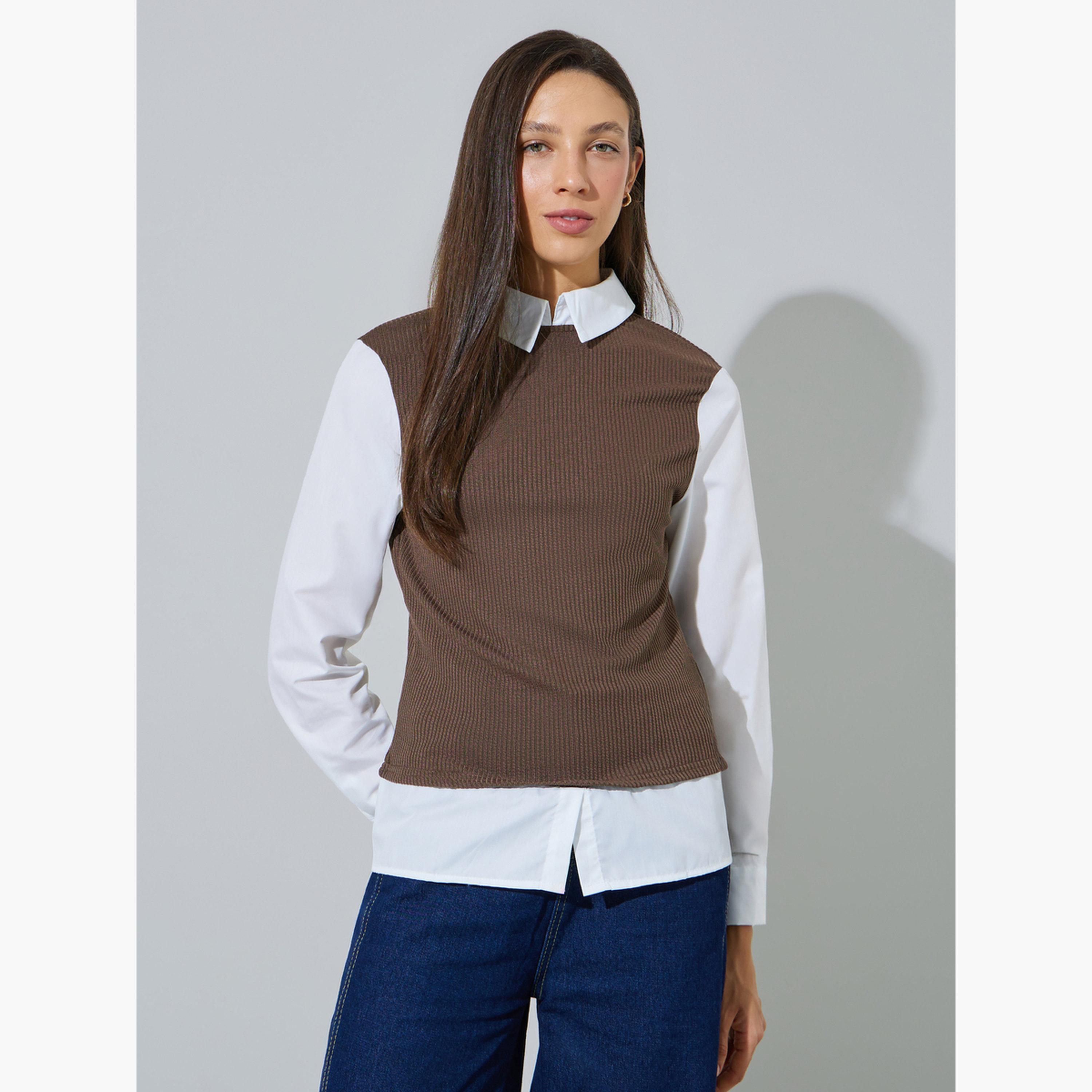 Styli White Solid Long Sleeves Shirt With Knit Brown Vest-women-clothing-shirtsandblouses-shirts-image-1