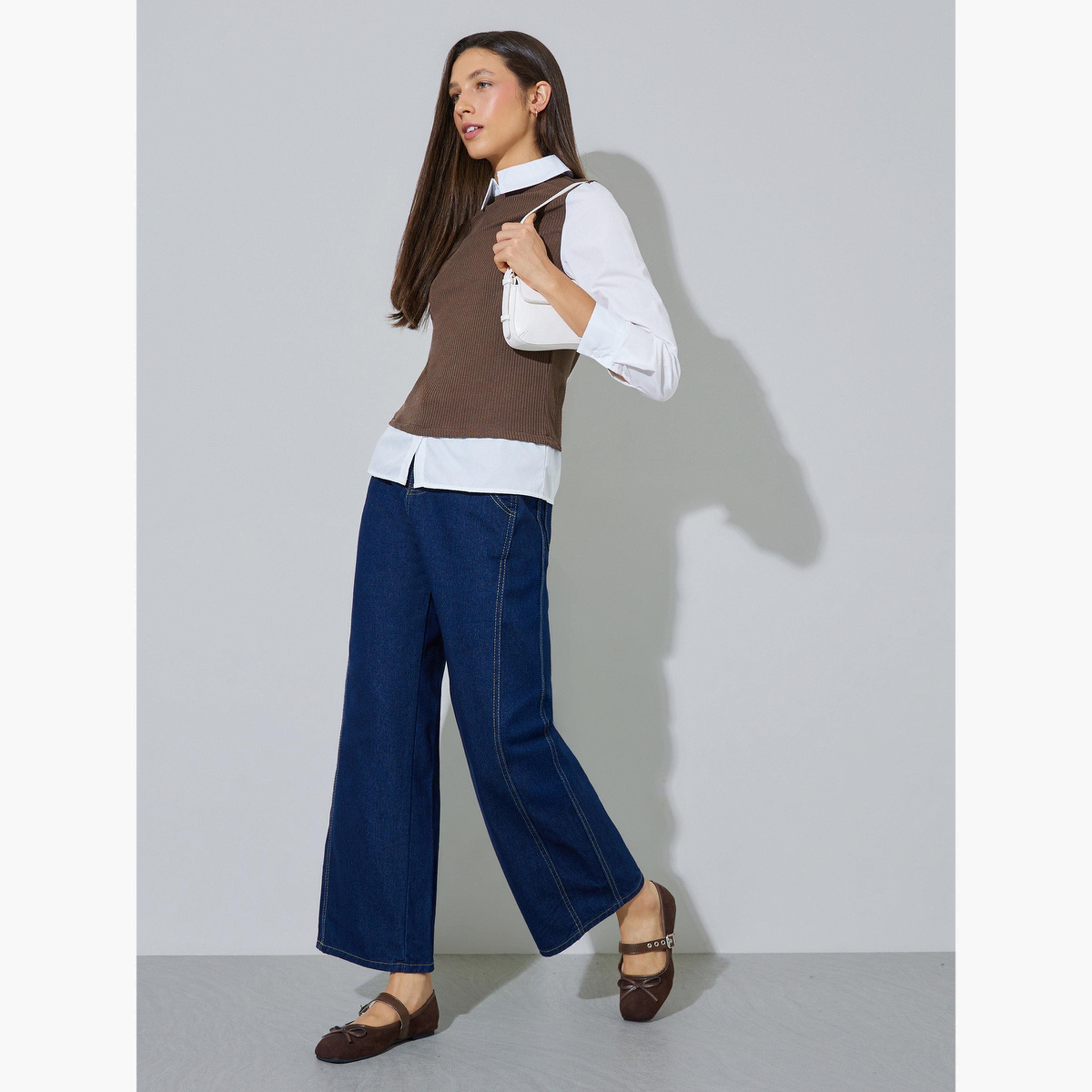 Styli White Solid Long Sleeves Shirt With Knit Brown Vest-women-clothing-shirtsandblouses-shirts-image-2