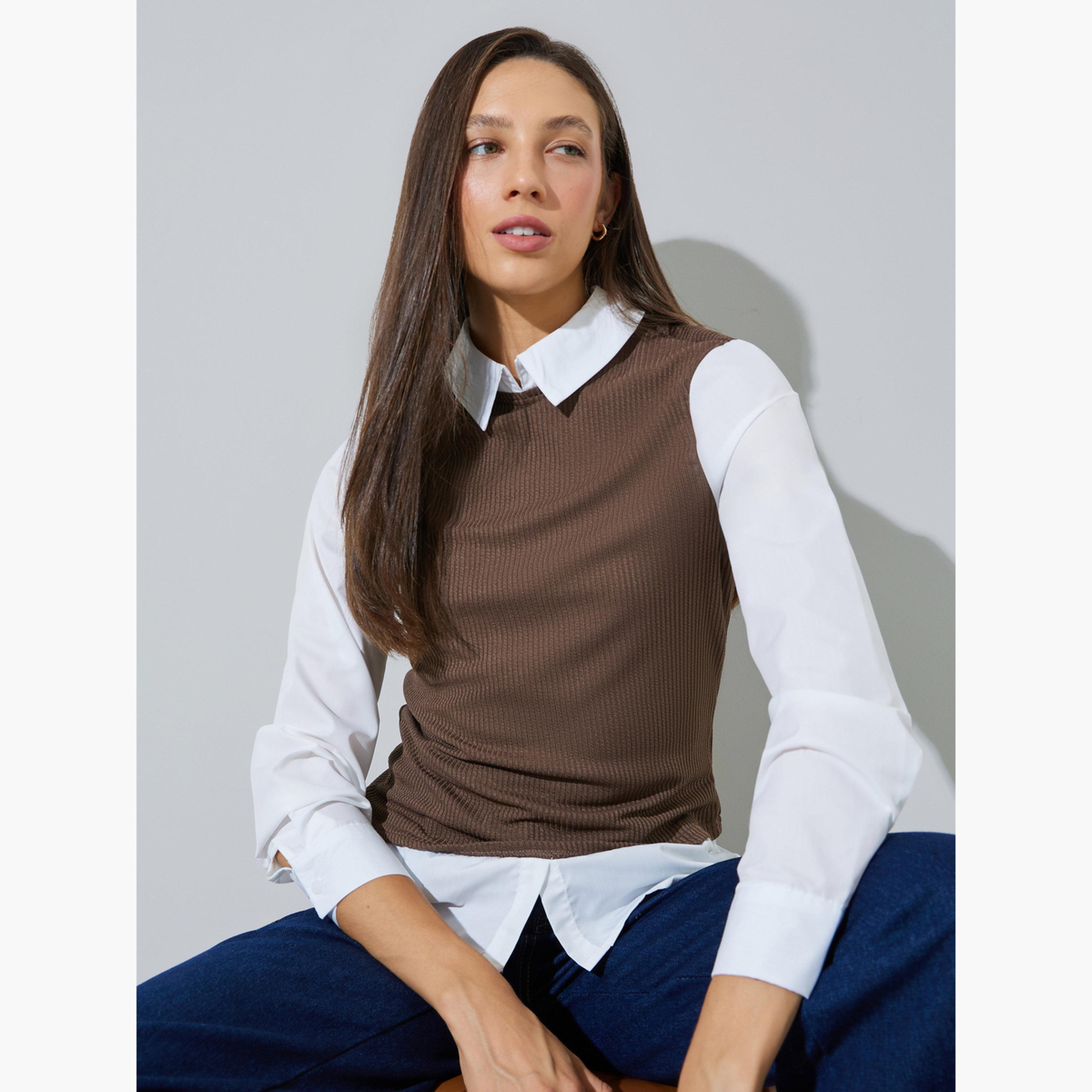 Styli White Solid Long Sleeves Shirt With Knit Brown Vest-women-clothing-shirtsandblouses-shirts-image-3