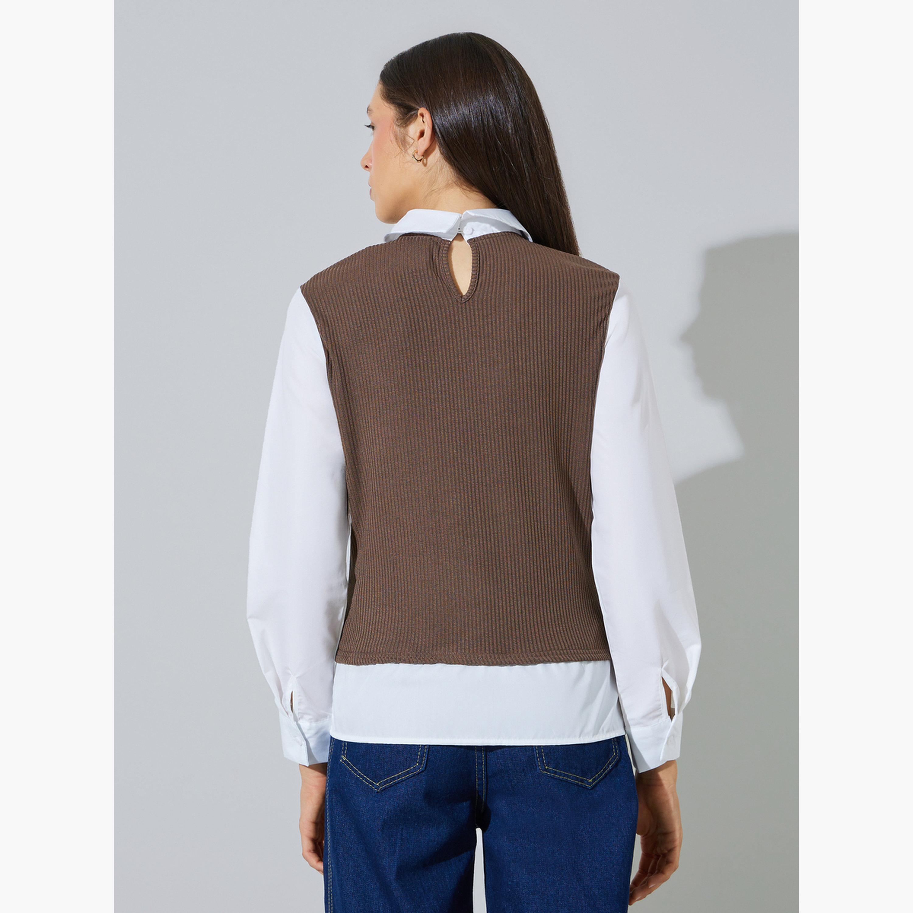 Styli White Solid Long Sleeves Shirt With Knit Brown Vest-women-clothing-shirtsandblouses-shirts-image-4