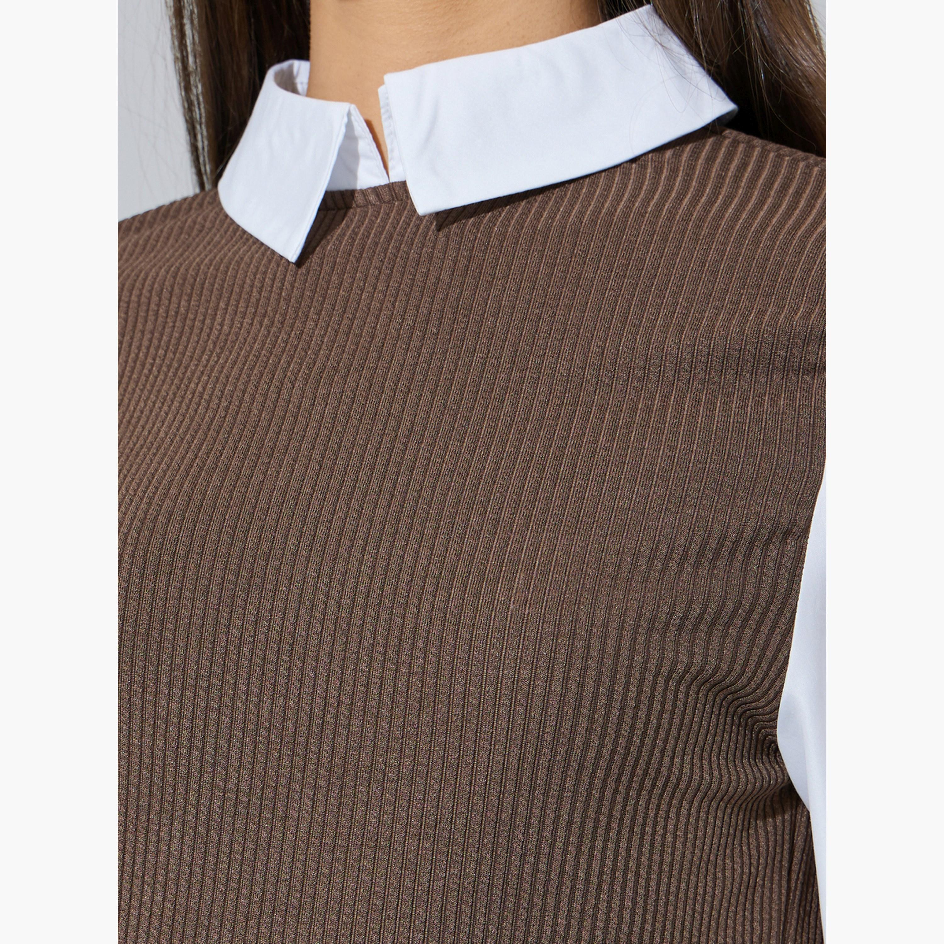 Styli White Solid Long Sleeves Shirt With Knit Brown Vest-women-clothing-shirtsandblouses-shirts-image-5
