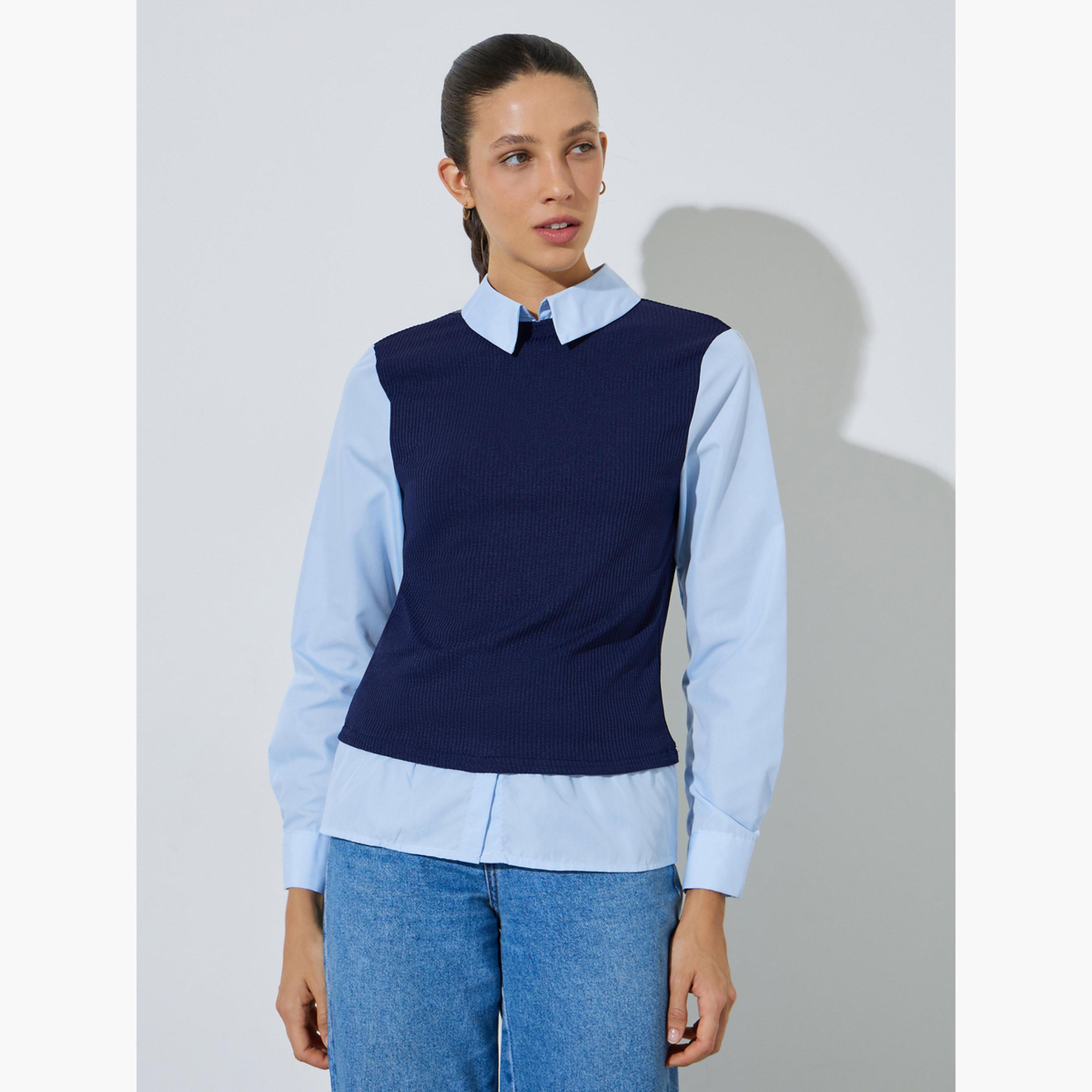 Styli Light Blue Solid Long Sleeves Shirt With Knit Navy Blue Vest-women-clothing-shirtsandblouses-shirts-image-1