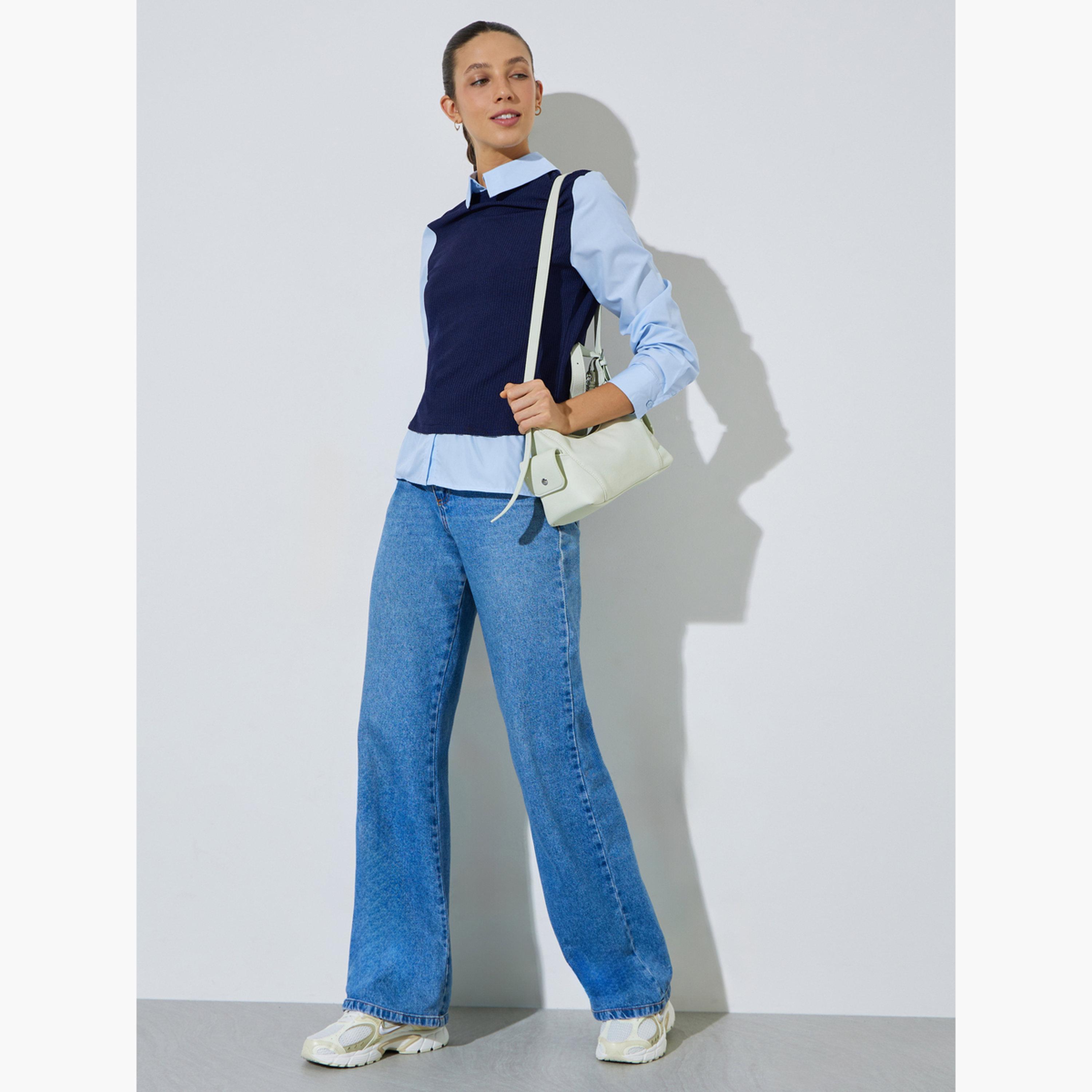 Styli Light Blue Solid Long Sleeves Shirt With Knit Navy Blue Vest-women-clothing-shirtsandblouses-shirts-image-2