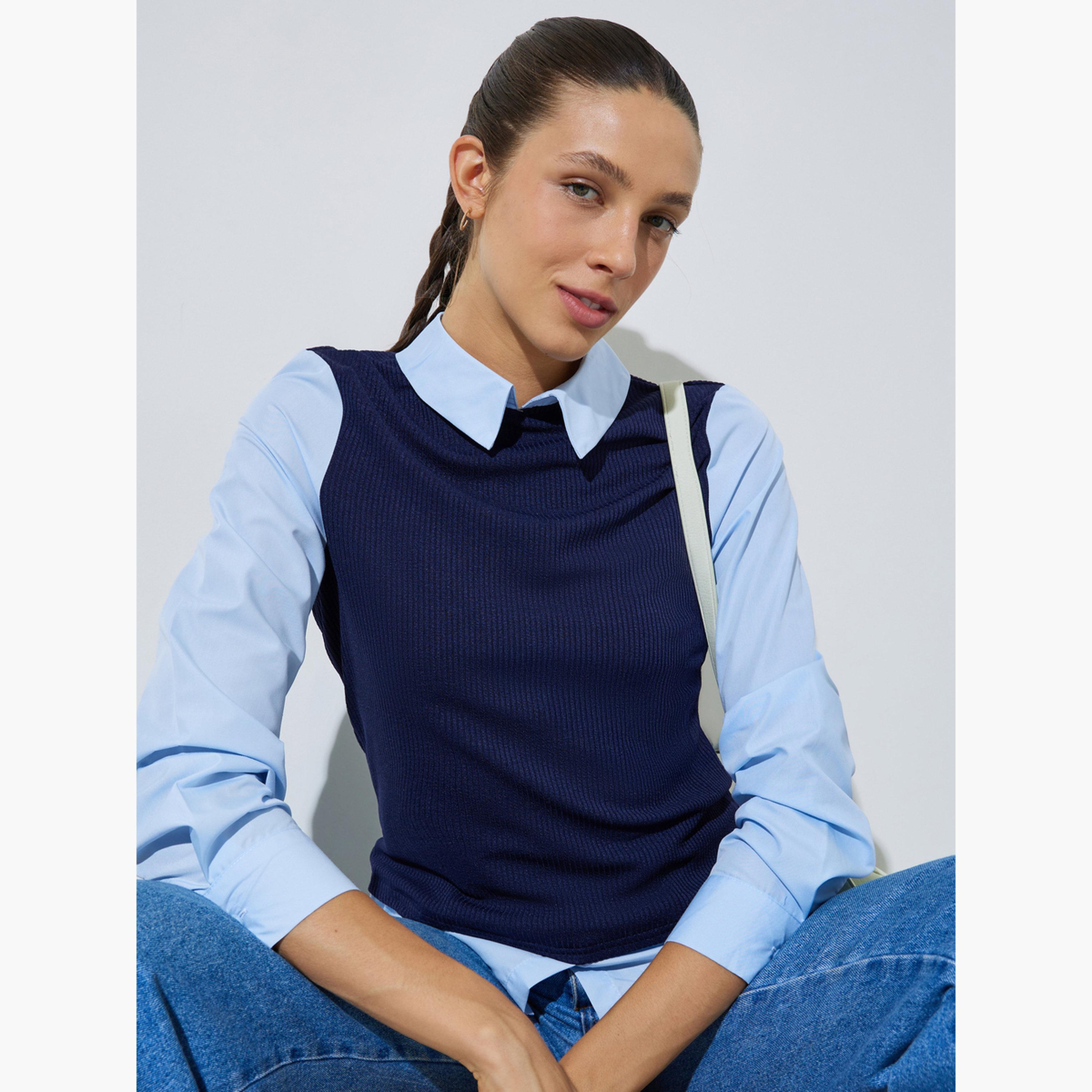 Styli Light Blue Solid Long Sleeves Shirt With Knit Navy Blue Vest-women-clothing-shirtsandblouses-shirts-image-3