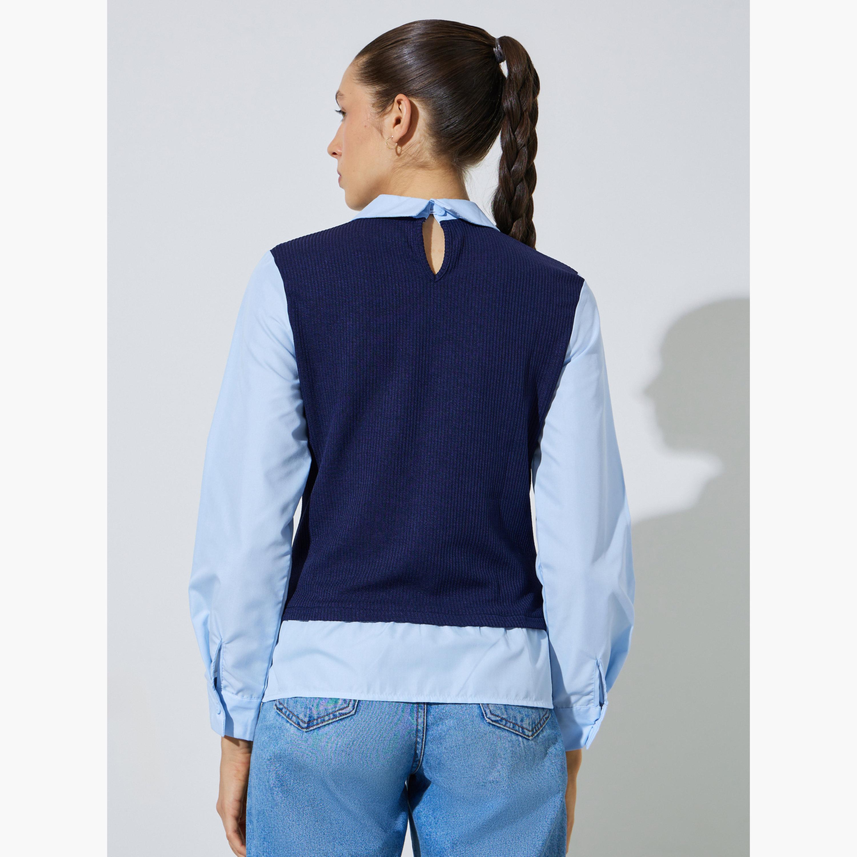 Styli Light Blue Solid Long Sleeves Shirt With Knit Navy Blue Vest-women-clothing-shirtsandblouses-shirts-image-4