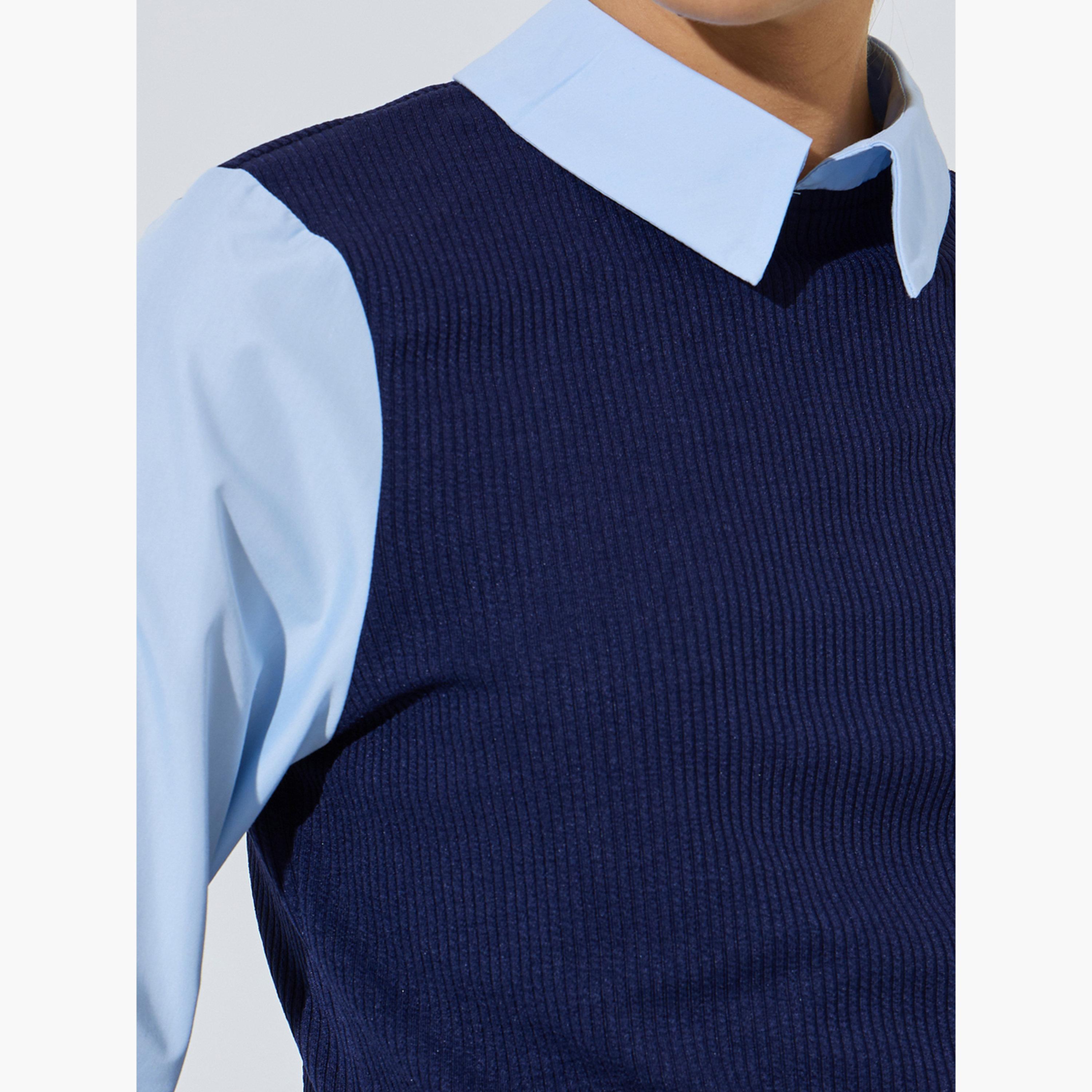 Styli Light Blue Solid Long Sleeves Shirt With Knit Navy Blue Vest-women-clothing-shirtsandblouses-shirts-image-5