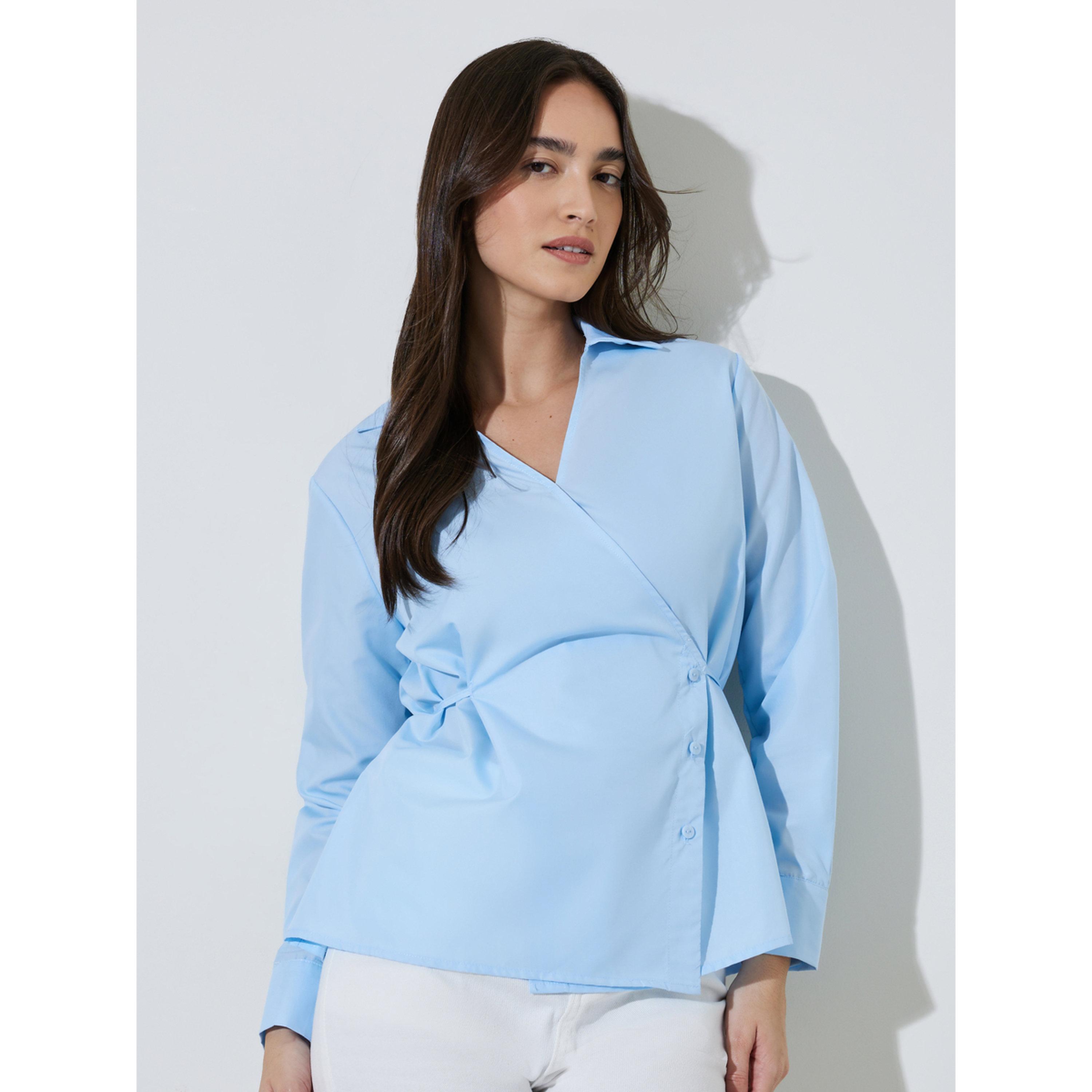 بلوزة بيبلوم بياقة ورباط على الخصر سادة باللون الأزرق الفاتح-women-clothing-shirtsandblouses-blouses-image-1