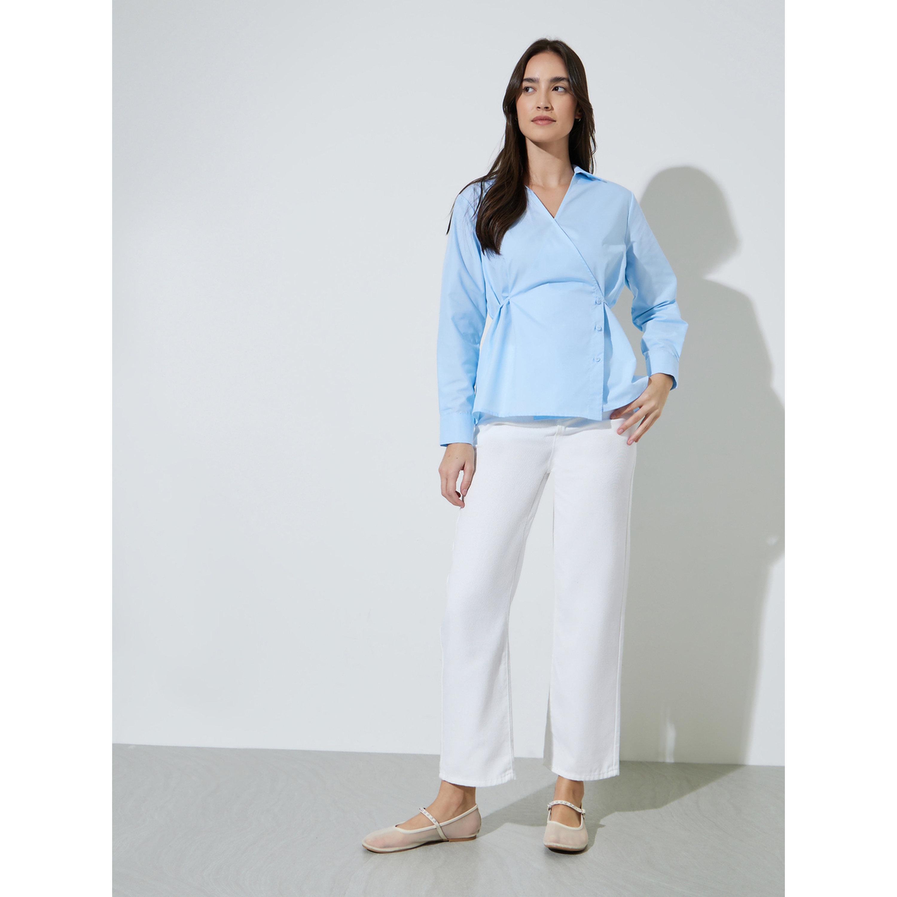 بلوزة بيبلوم بياقة ورباط على الخصر سادة باللون الأزرق الفاتح-women-clothing-shirtsandblouses-blouses-image-2