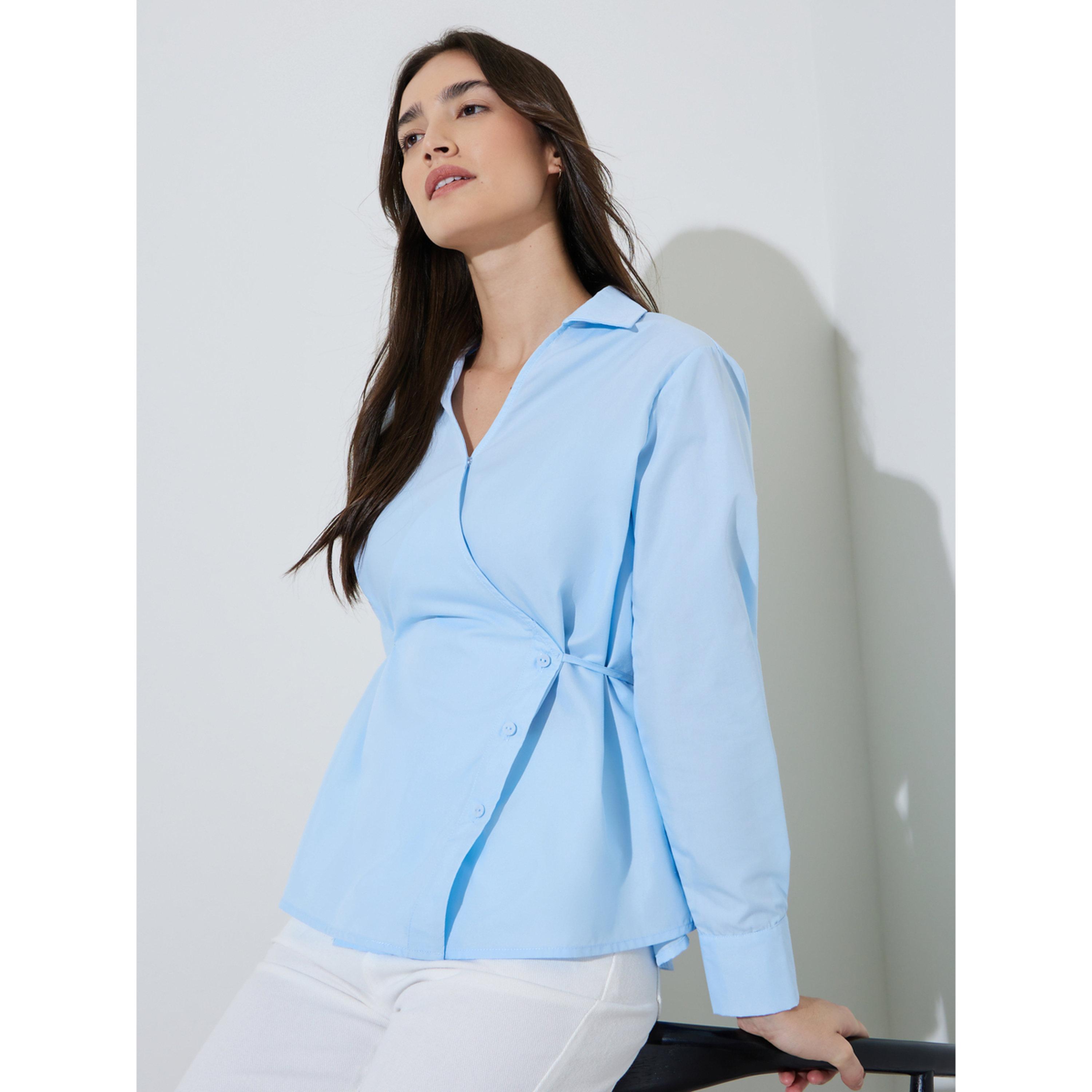 بلوزة بيبلوم بياقة ورباط على الخصر سادة باللون الأزرق الفاتح-women-clothing-shirtsandblouses-blouses-image-3