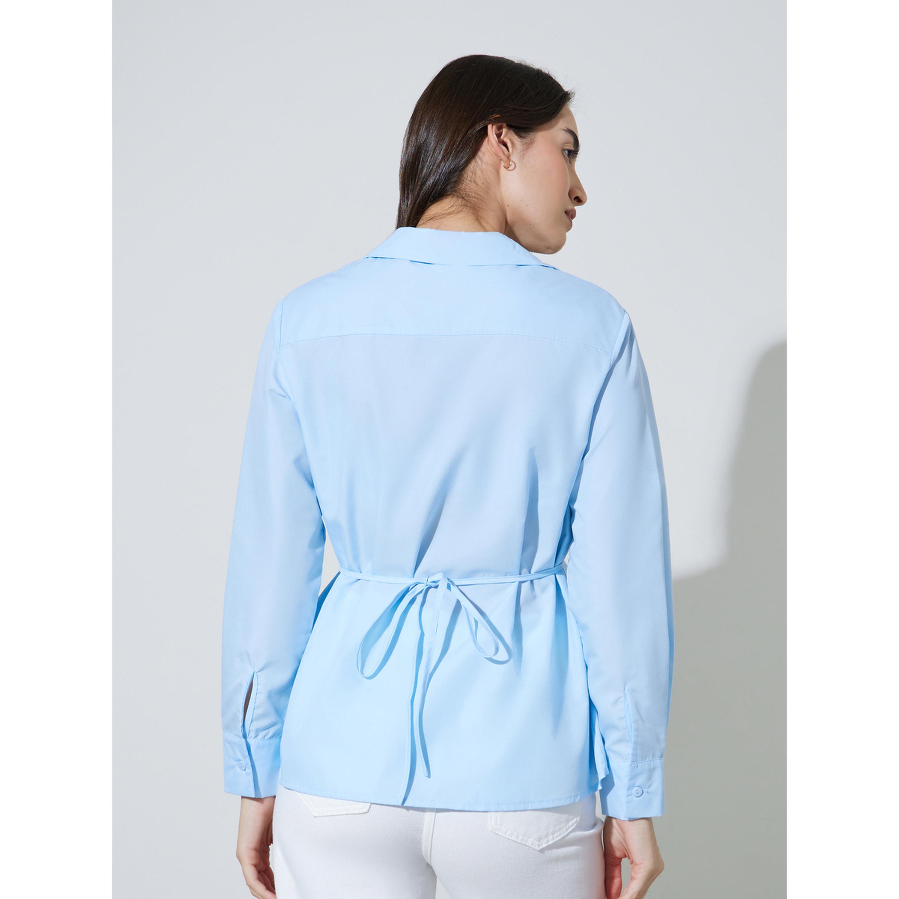 بلوزة بيبلوم بياقة ورباط على الخصر سادة باللون الأزرق الفاتح-women-clothing-shirtsandblouses-blouses-image-4
