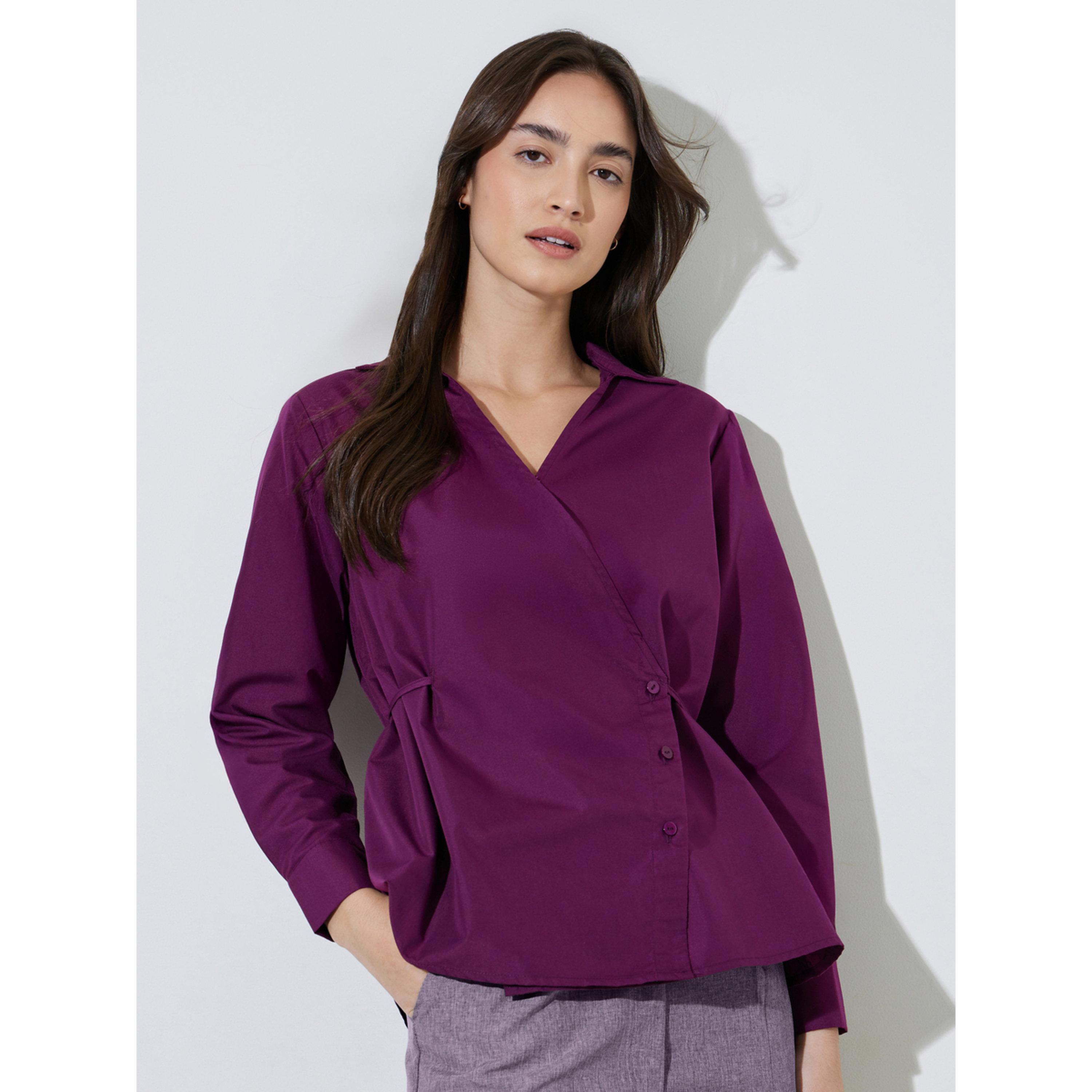 بلوزة بيبلوم بياقة ورباط على الخصر سادة باللون العنابي-women-clothing-shirtsandblouses-blouses-image-1